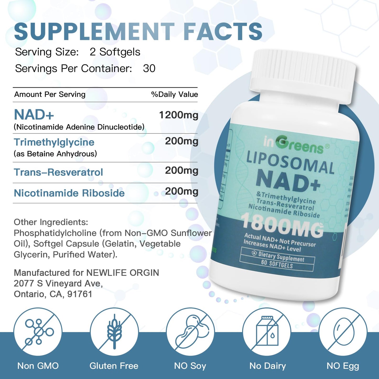 inGreens Liposomal NAD+ Supplement 1800 mg with Nicotinamide Riboside, Trans-Resveratrol, Trimethylglycine, Replaces NMN, Boost NAD+, Aging Defense, Cellular Energy, 180 Softgels