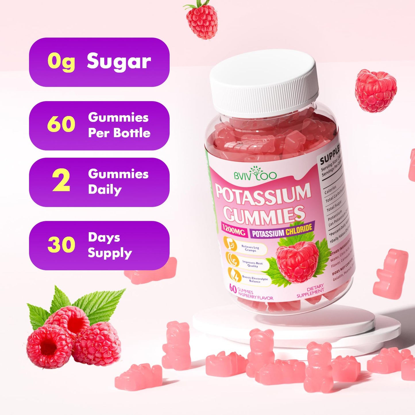 BVIVLOO Potassium Gummies for Adults with 1200mg Potassium Chloride - Supports Muscle Health & Leg Cramps, Raspberry Flavor, 60 Gummies