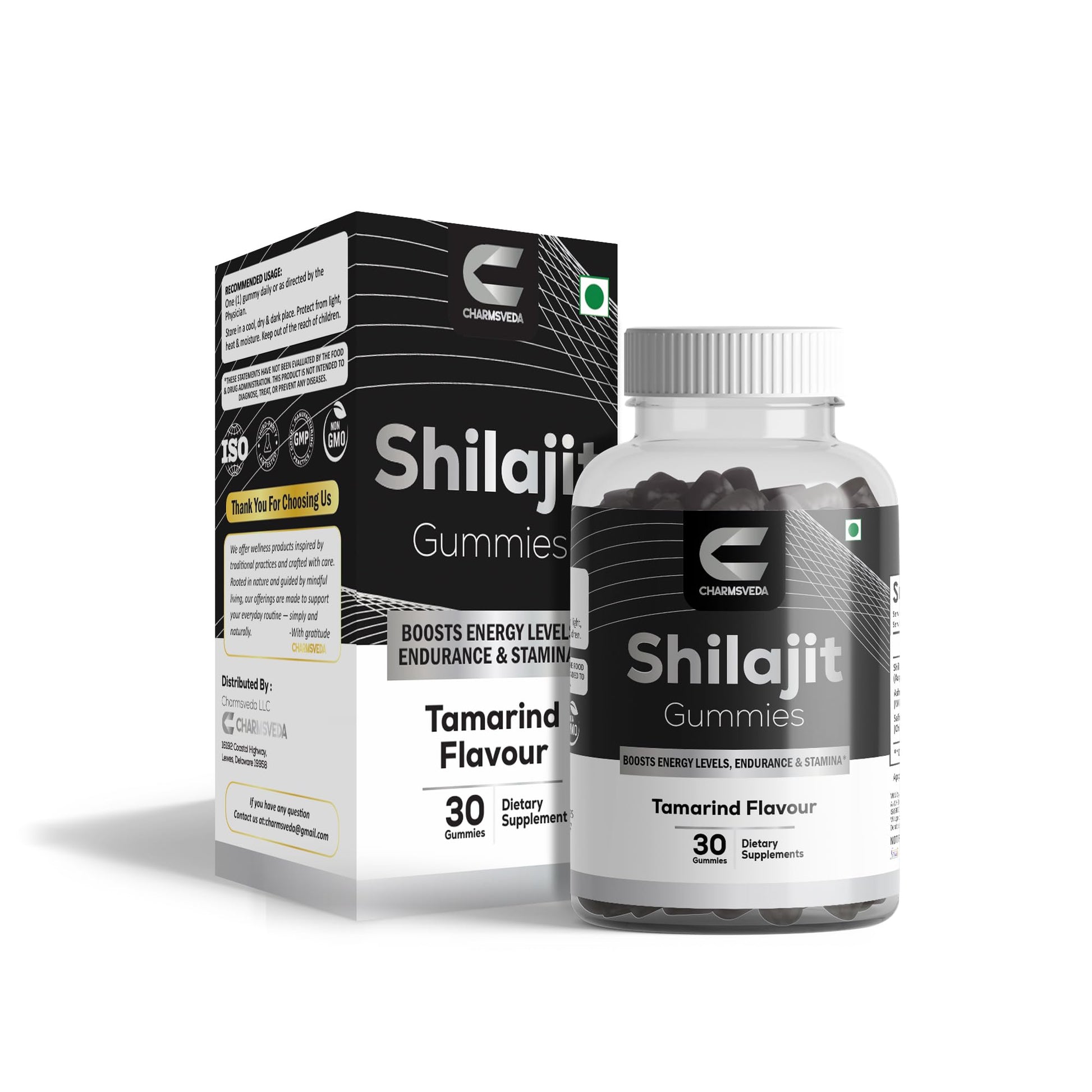 CHARMSVEDA Shilajit Gummies – Ashwagandha & Safed Musli – Tamarind Flavour Capsules, 30