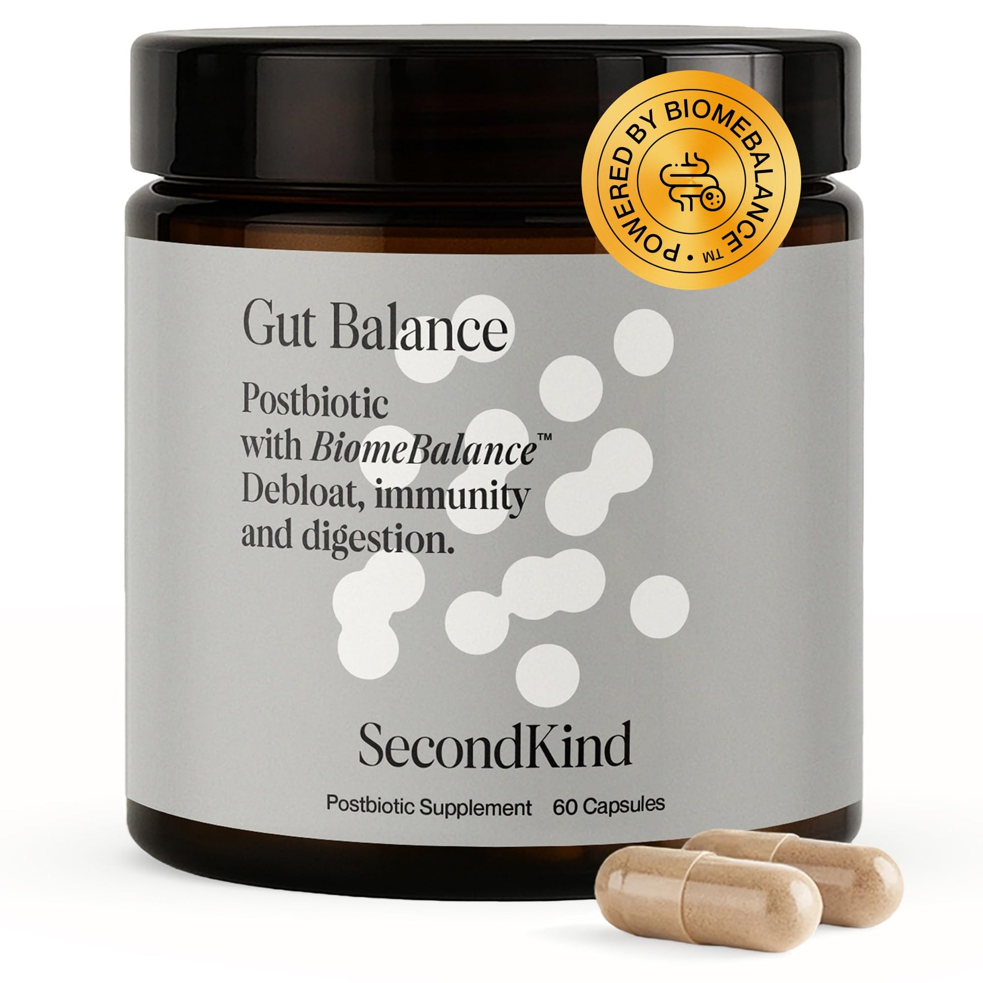 SecondKind Postbiotics Gut Health Supplement – Bloating Relief, Gut Health – Microbiome + Immune Support with BiomeBalance – 1000x More Active Ingredients Than Pre & Probiotics, 60 Capsules