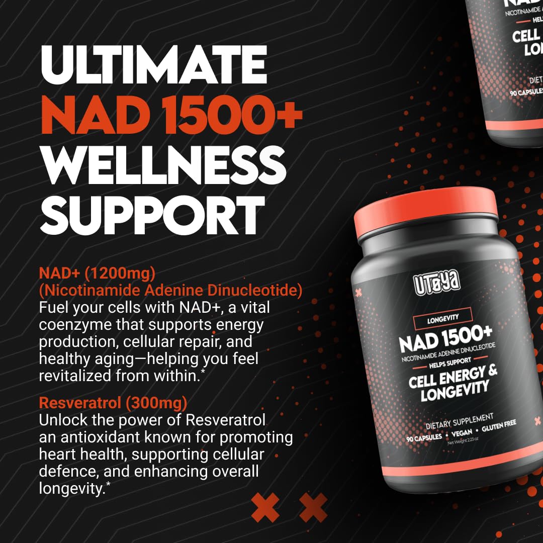 UTOYA NAD 1500+ Nicotinamide Riboside with Trans-Resveratrol Capsules, 90 Count