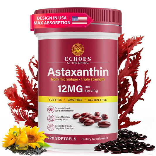 Echoes of the spring Astaxanthin 12mg Natural Astaxanthin from Haematococcus Pluvialis, Triple Strength Antioxidant for Eye, Skin, Joint & Immune Support Softgels, 120