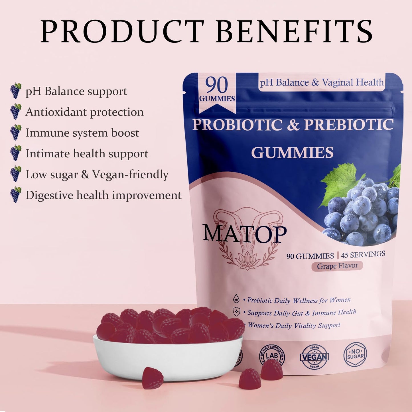 MATOP Vaginal Probiotic Prebiotic Gummies for Women, 90 Count