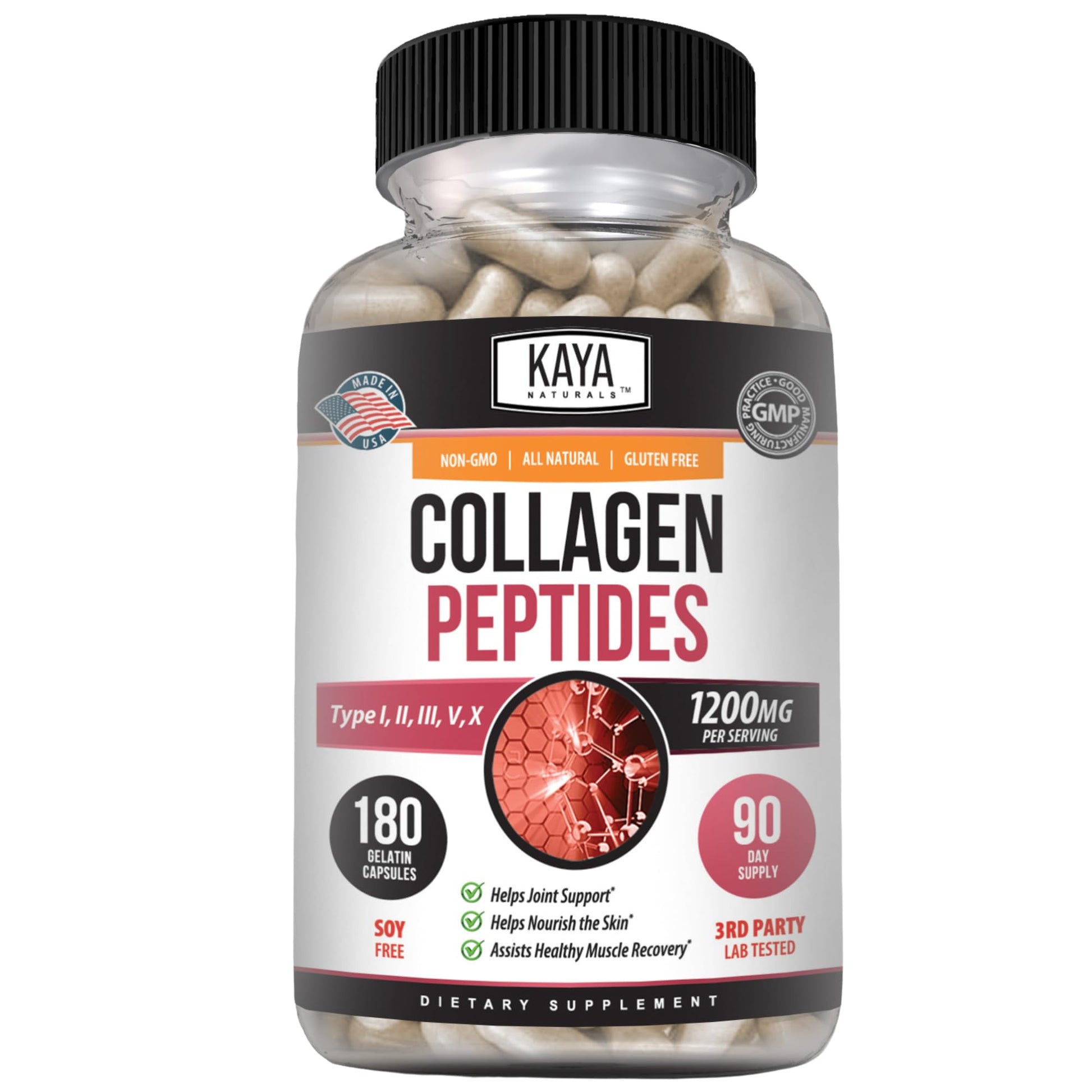 Kaya Naturals Multi Collagen Peptides Complex (Types I, II, III, V & X), Capsule, 180 Count