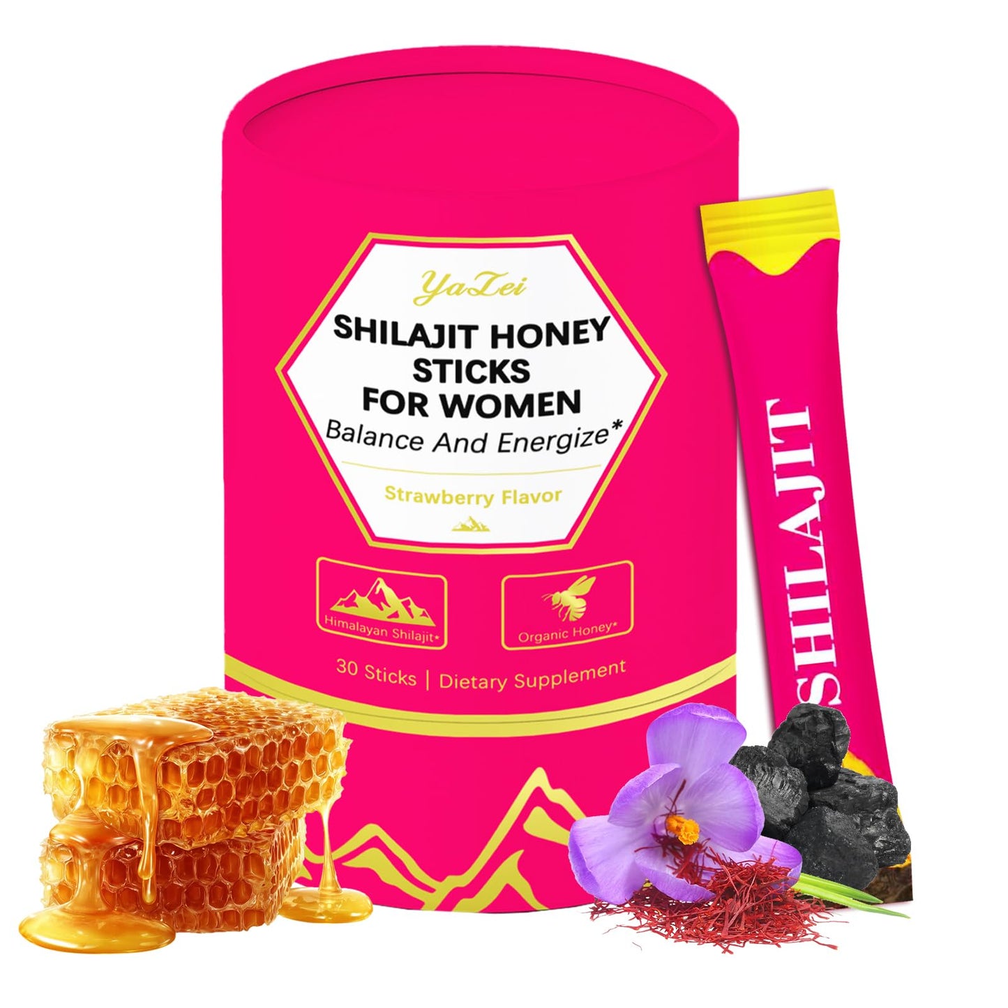 Yalei Strawberry Shilajit Honey Sticks for Women with Saffron & Shatavari Extract & Shilajit Resin Gummy, 30 Gummies