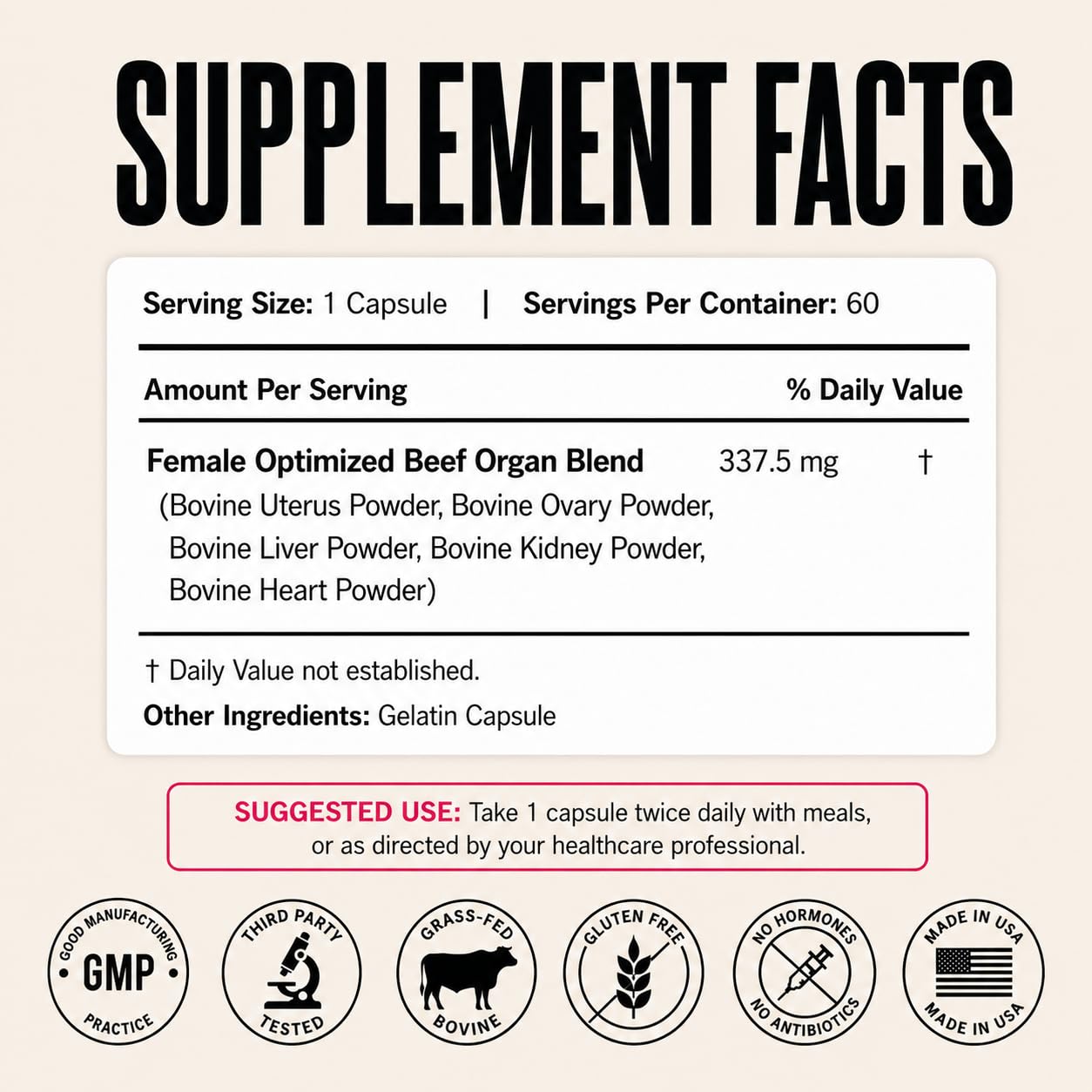 PRIMAL FURY Grass Fed Beef Organ Supplement for Women 60 Capsules