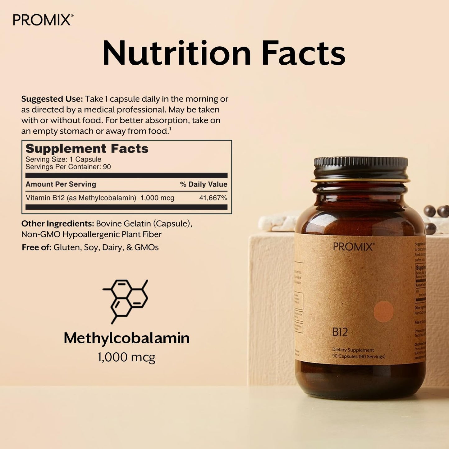 ProMix Nutrition Vitamin B12 1000mcg Capsule Supplement, 90 Count