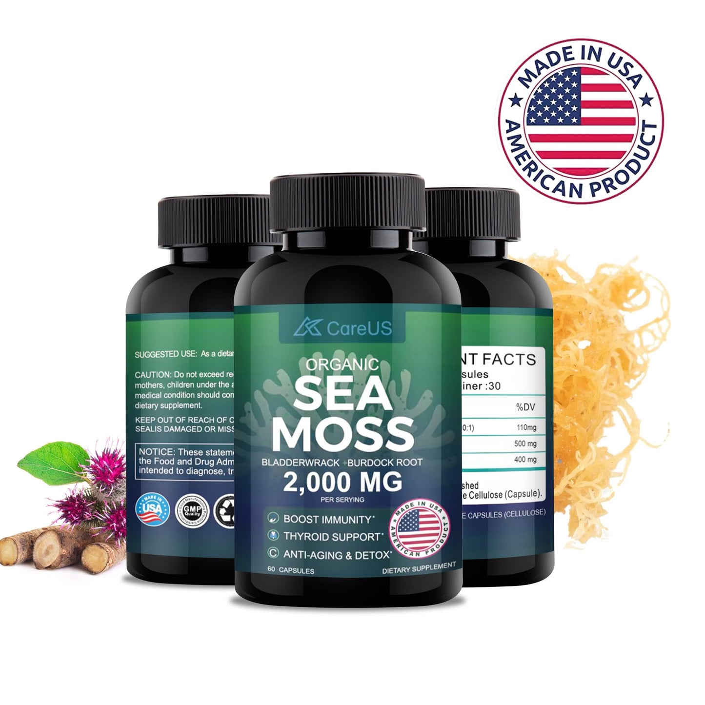 AhmedKazi Organic Sea Moss Complex with Bladderwrack and Burdock Root 2000 mg Capsule 60 Count