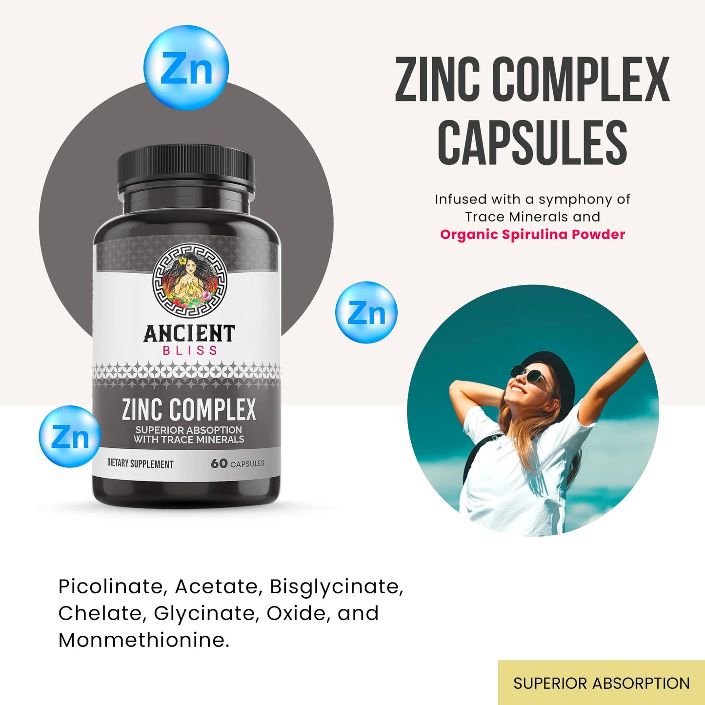 Ancient Bliss Zinc Complex Capsules with Enhanced Absorption, Antioxidant & Immune Support, 60 Capsules