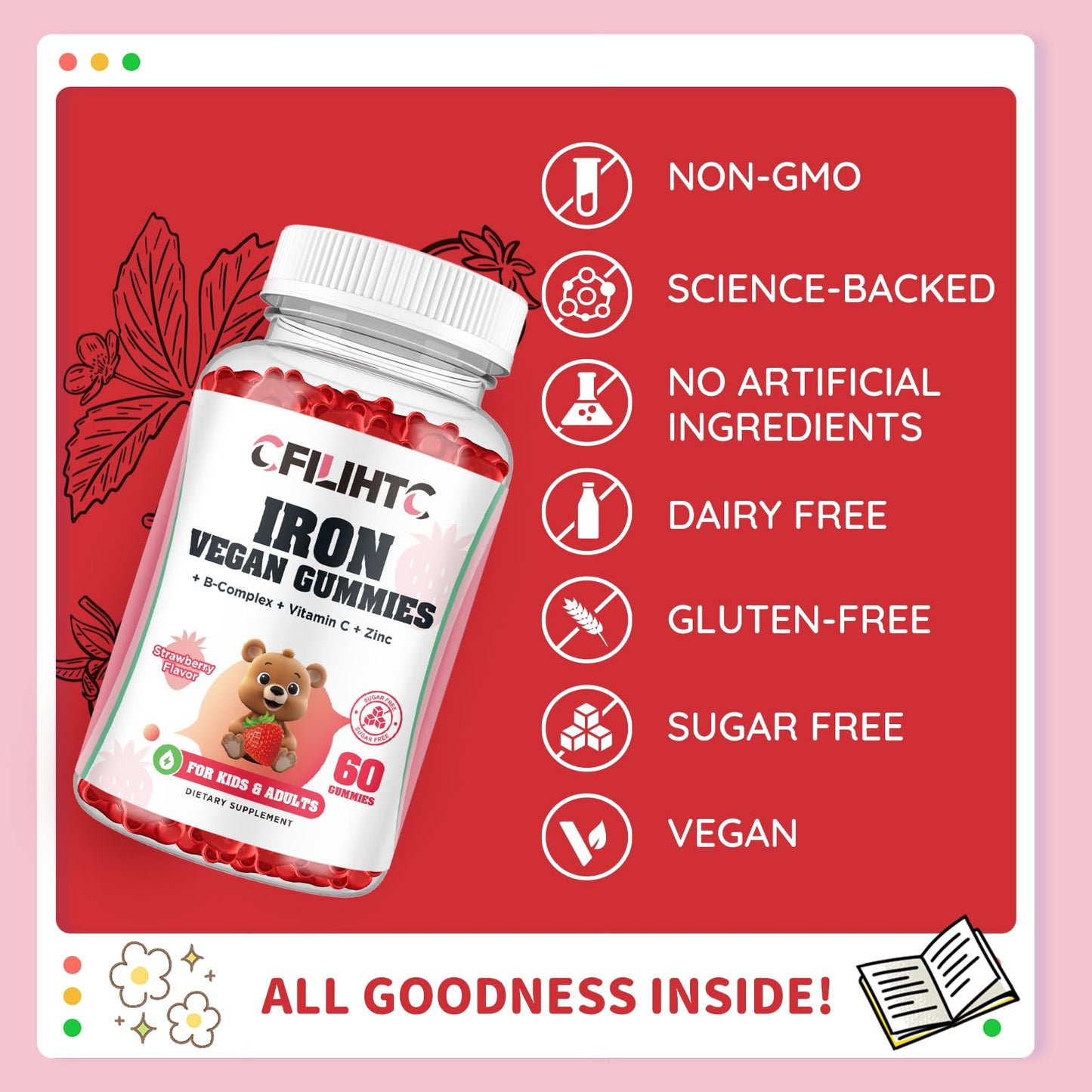CFILIHTC Iron Gummies with Multivitamin, Vitamin B Complex, C, B6, B12, Folate, Zinc for Anemia, Iron Deficiency, Blood Builder, Energy - Strawberry Flavor, Vegan, 60 Gummies