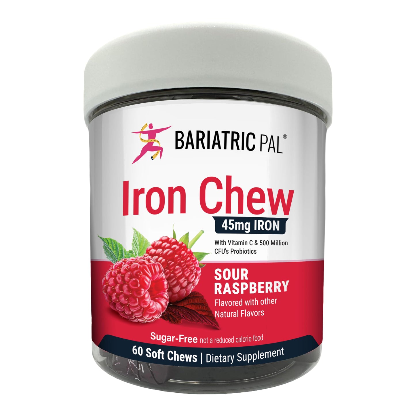 BariatricPal Sugar-Free Iron Soft Chews 45mg with Vitamin C & Probiotics - Sour Raspberry, 60 Count