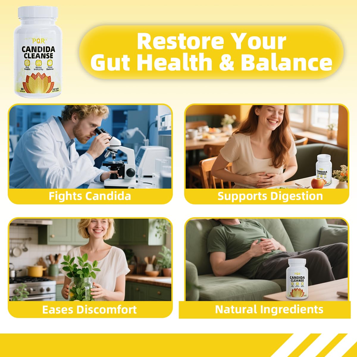 PQR Candida Cleanse - Gut & Colon Support, Natural Herbal Formula, Include Oregano Leaf, Wormwood, Black Walnut, Caprylic Acid-1, 120 Capsules