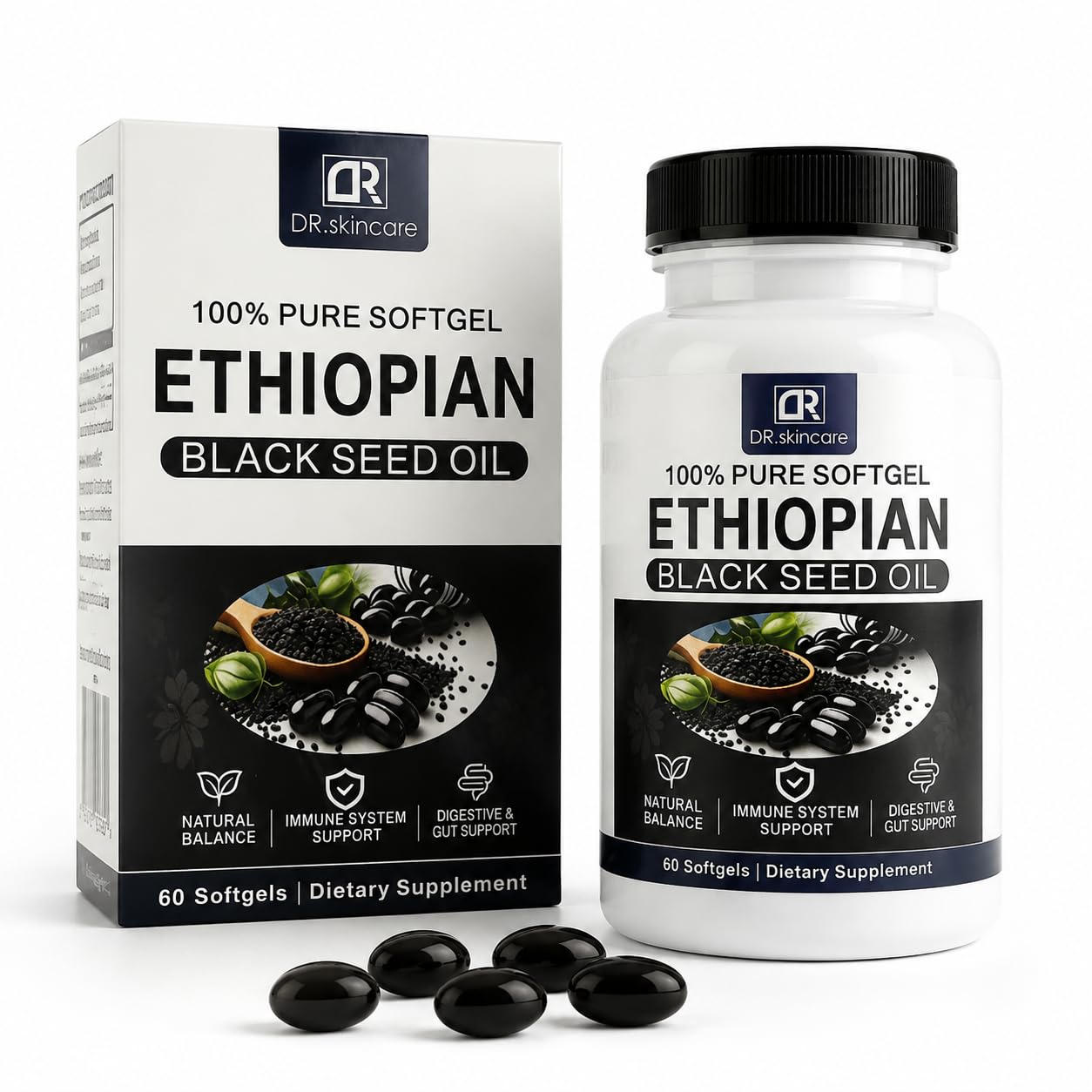 DR. SKIN CARE Ethiopian Black Seed Oil Softgels 800mg per Serving, Cold-Pressed Nigella Sativa Seed Oil Supplement, Immune Support, Digestive & Gut Support, Natural Wellness Formula, 60 Softgels