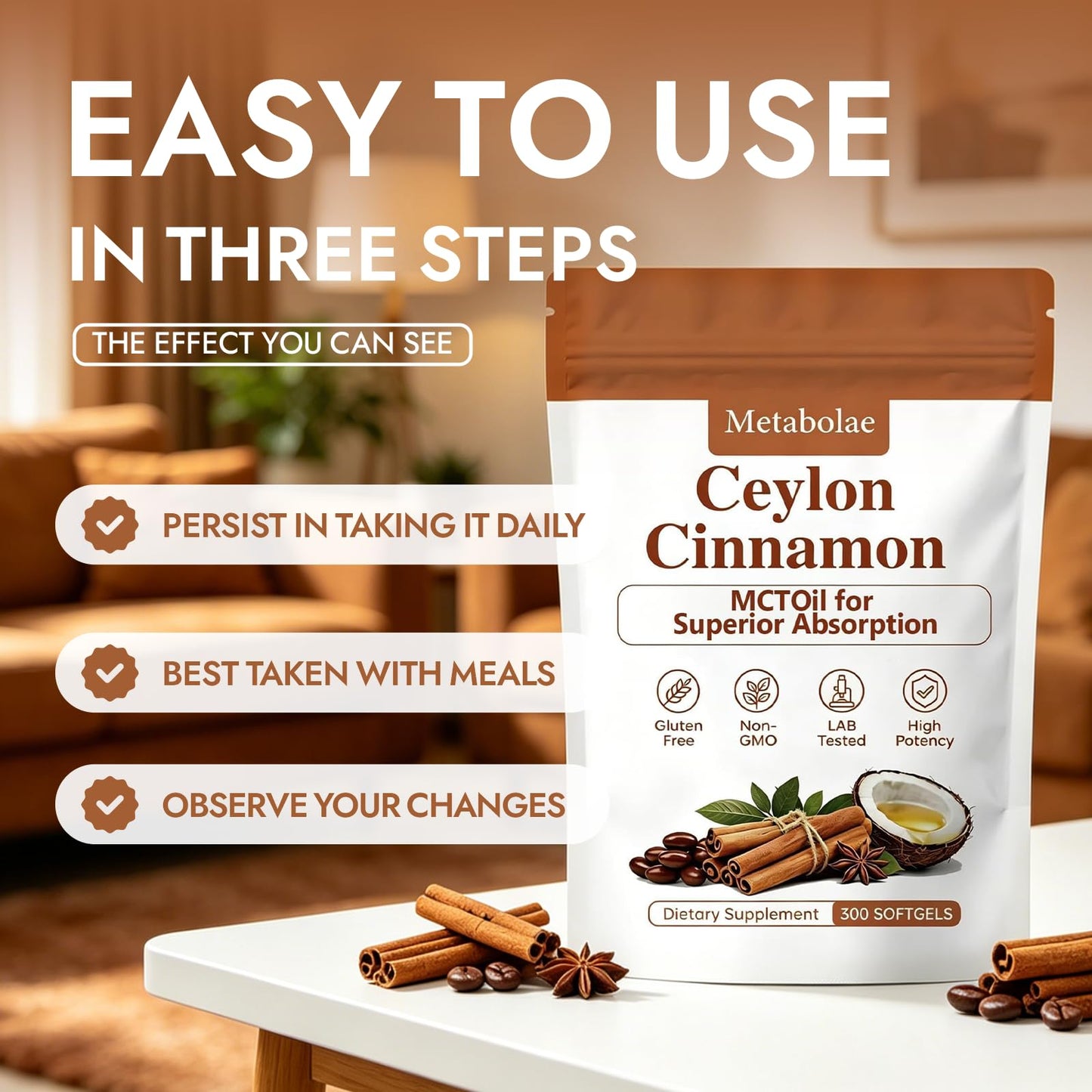 Metabolae Ceylon Cinnamon Softgels with MCT Oil, 1 Count, Non-GMO, Gluten Free