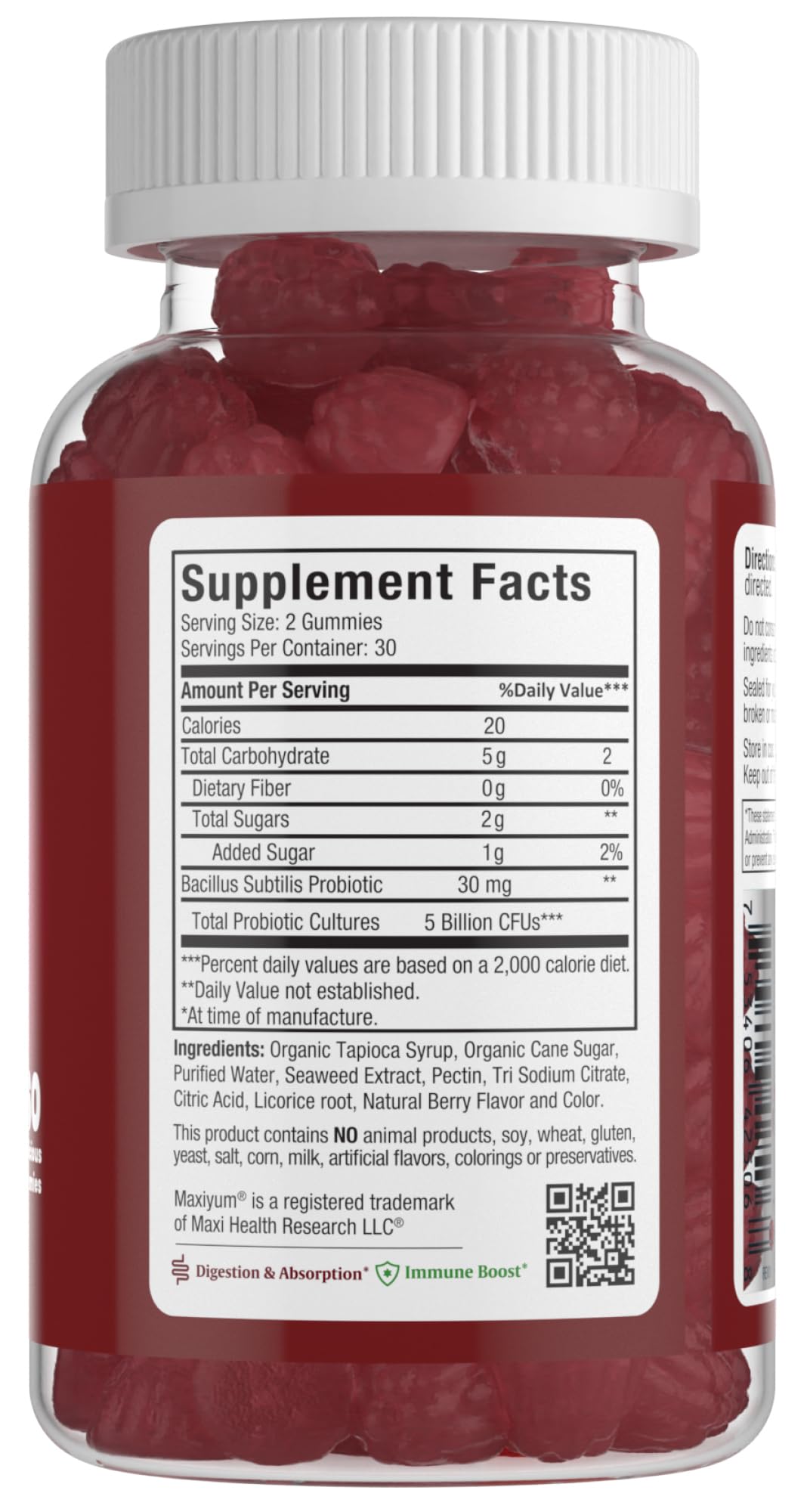 Maxi Health Yum Probiotic Gummies, 5 Billion CFUs, Gut Health, Kosher Certified, Natural Berry Flavor, 60 Gummies