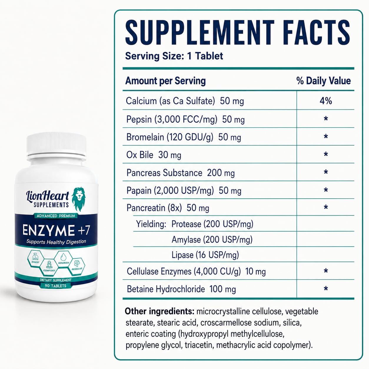 LionHeart Supplements Enzyme +7 Digestive Enzymes for No Gallbladder, 90 Tablets