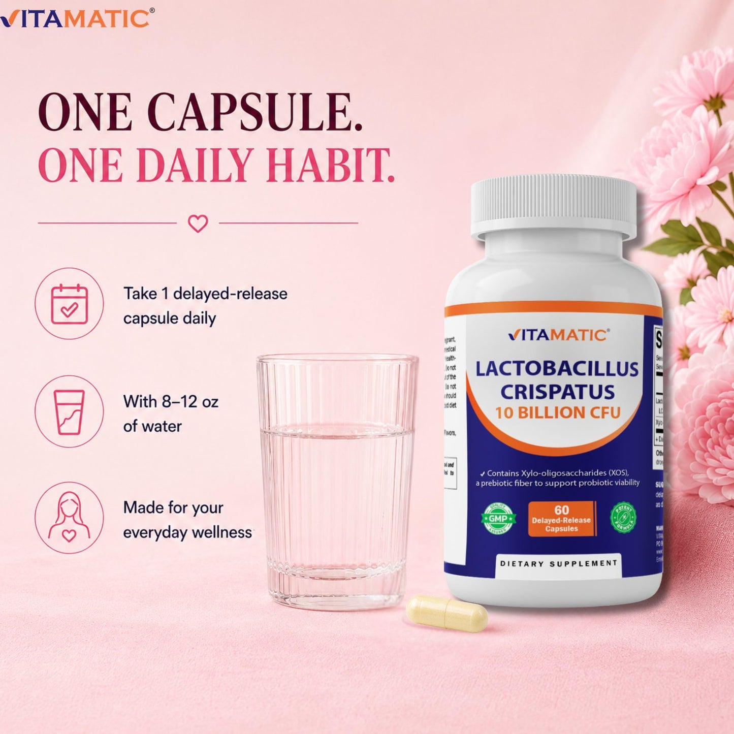 Vitamatic Lactobacillus Crispatus 10 Billion CFU with XOS Prebiotic, Delayed-Release Probiotic Capsules, 60 Capsules