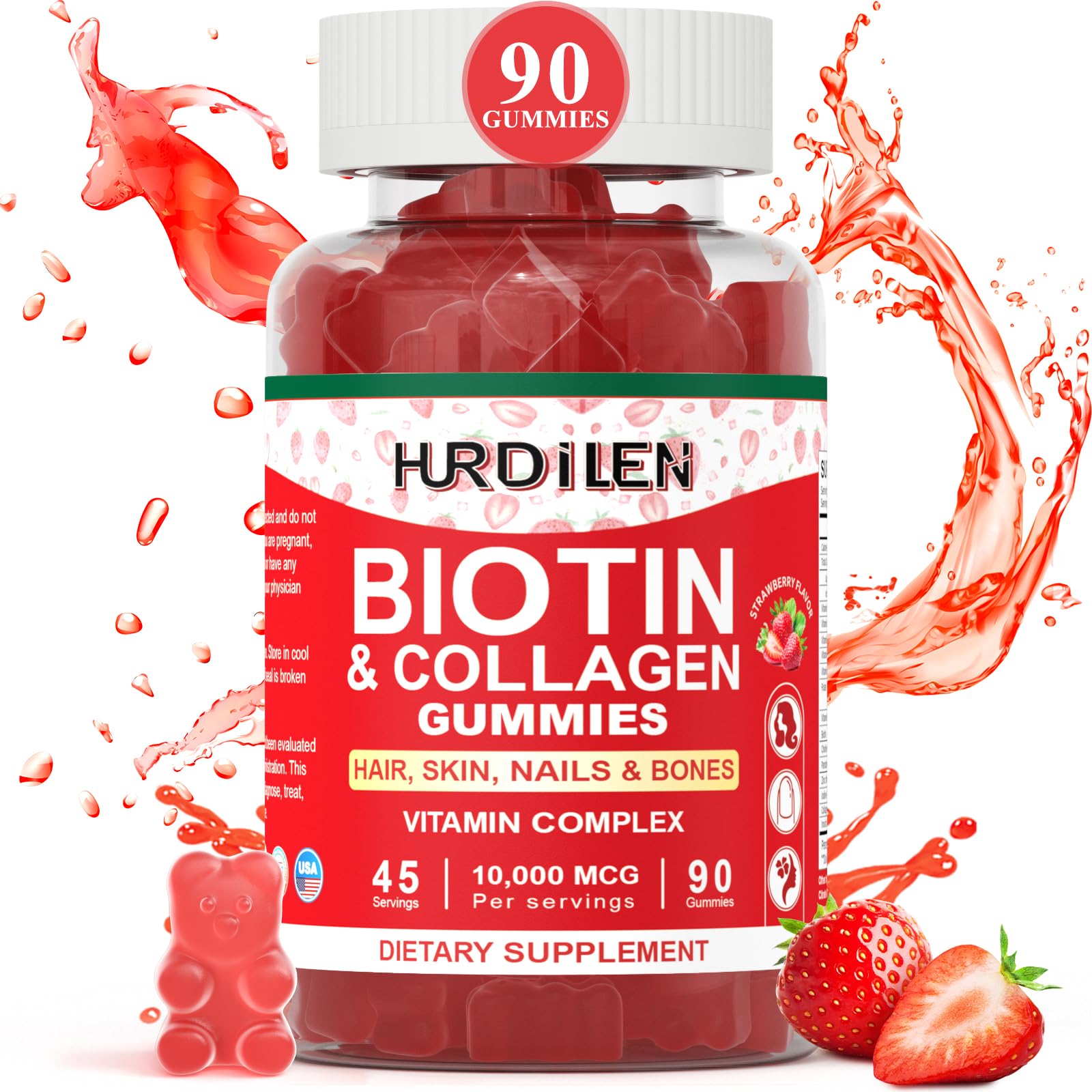 Hurdilen Hair Skin and Nails Gummies Biotin Collagen, 10000mcg, 90 Gummies