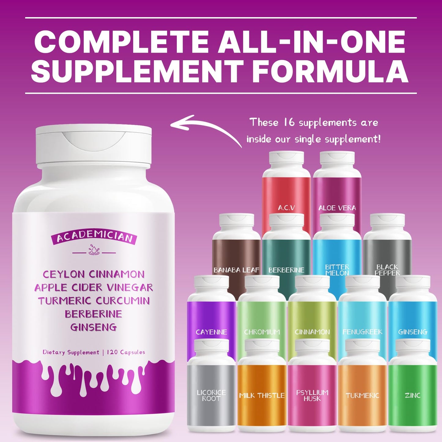 ACADEMICIAN Berberine Apple Cider Vinegar Turmeric Supplement with Ceylon Cinnamon Ginseng Bitter Melon Gymnema Fenugreek Milk Thistle Capsules 120