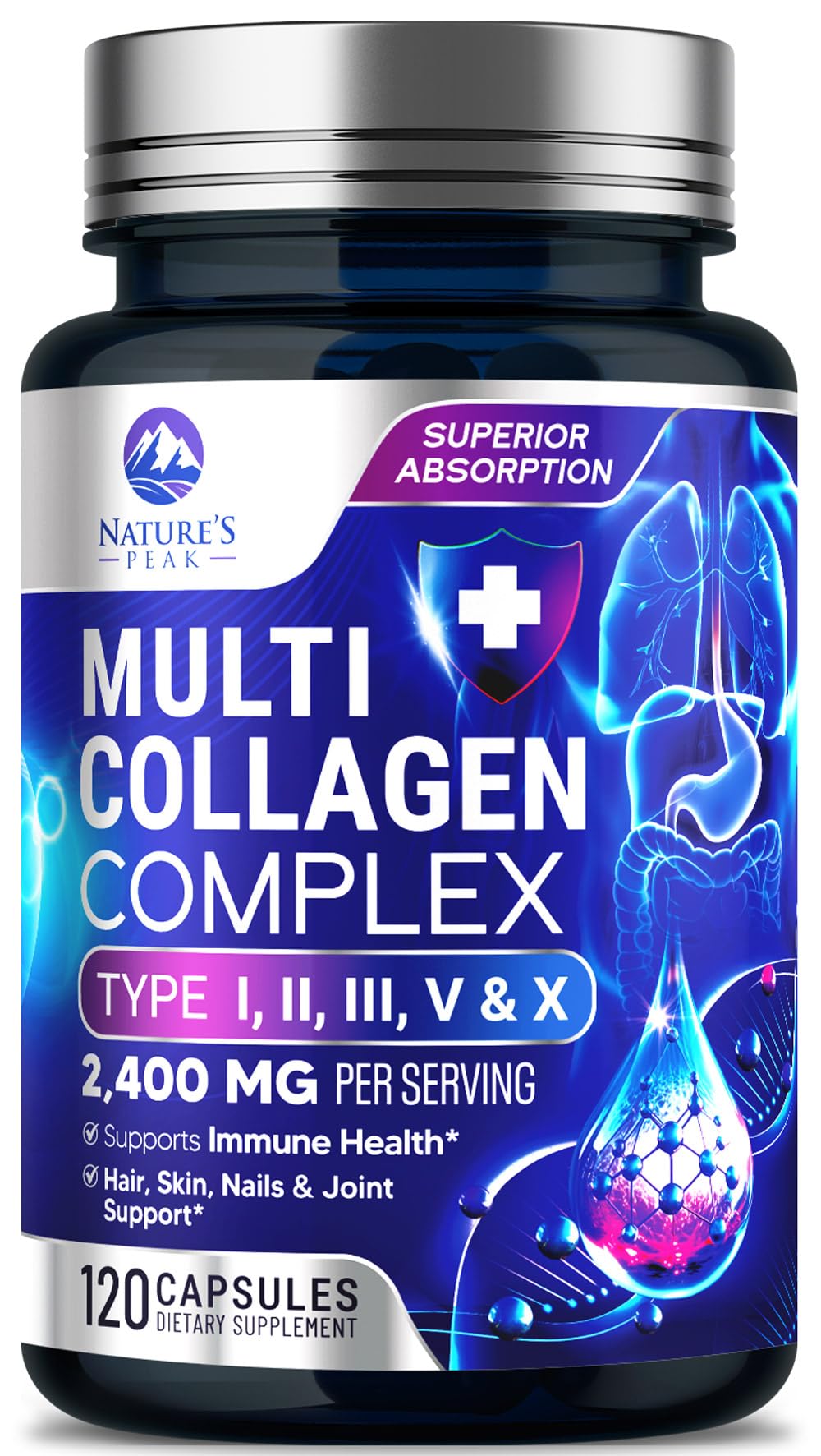 Nature's Peak Multi Collagen Peptides Supplement for Hair, Nail, Skin - Type I, II, III, V, X, Collagen Powder Pills - Grass-Fed, Hydrolyzed for Bone and Joint Support for Women & Men, Non-GMO, 120 Capsules