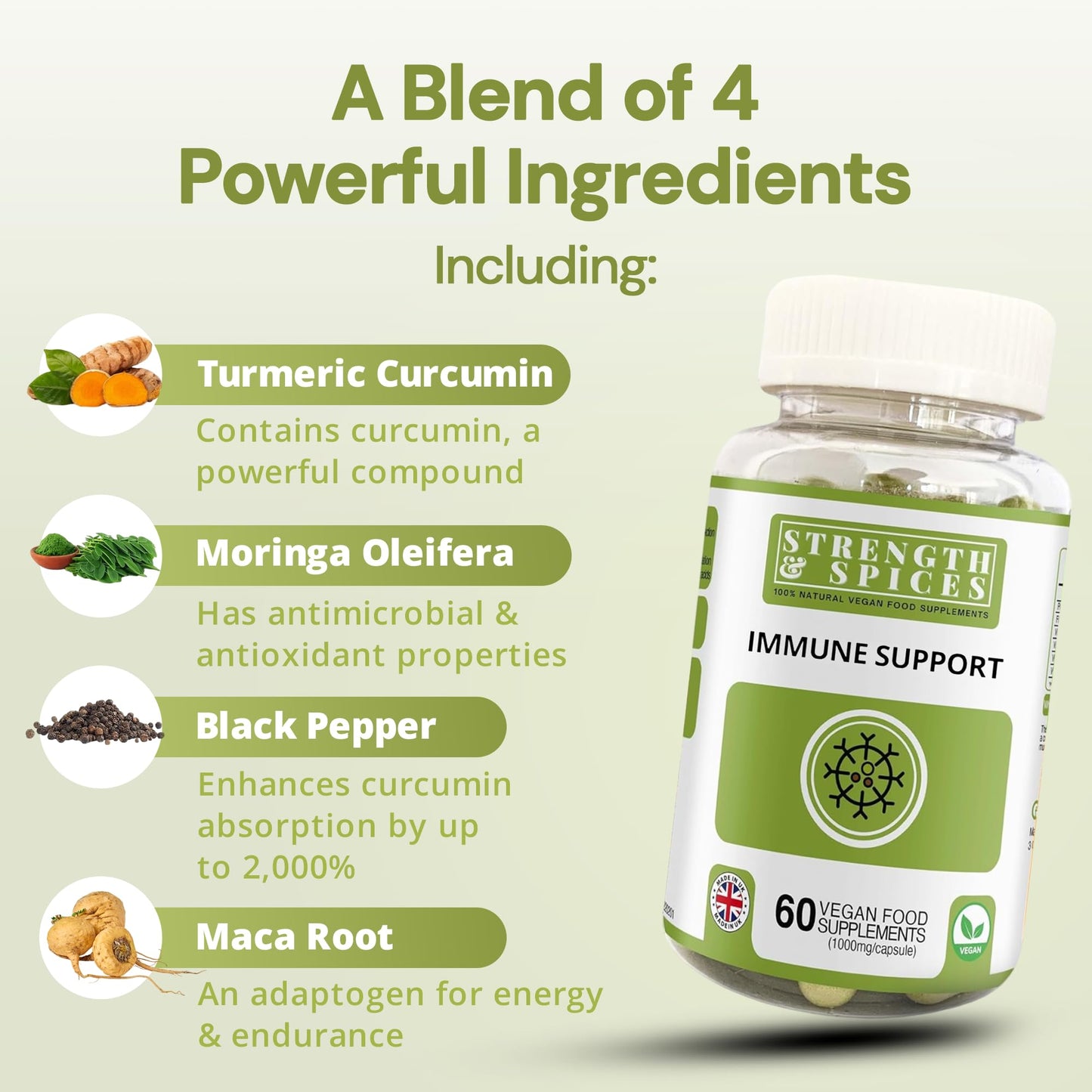 Strength & Spices Immune System Booster with Turmeric, Black Pepper, Moringa & Maca, Antioxidant-Rich Blend 60 Capsules