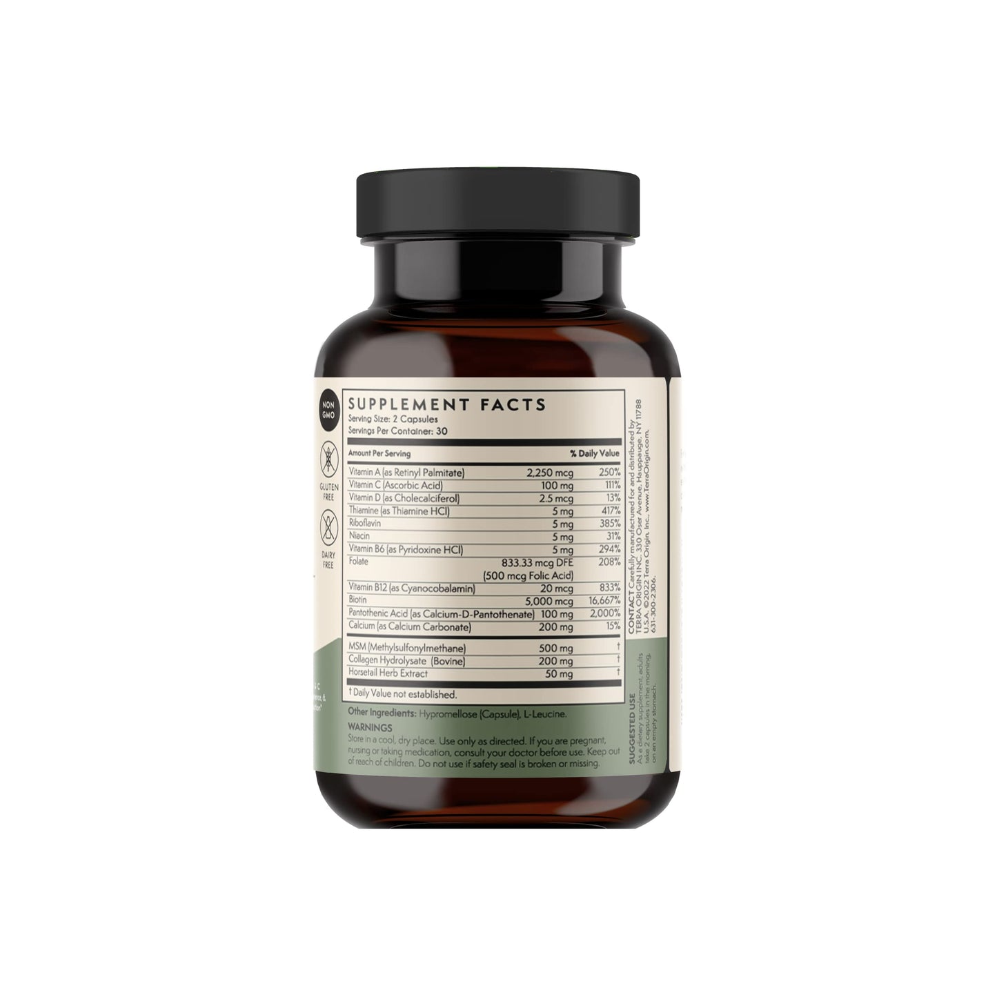 TERRA ORIGIN Healthy Hair, Skin and Nails Supplement with Collagen, Biotin, Horsetail & B-Complex 60 Capsules