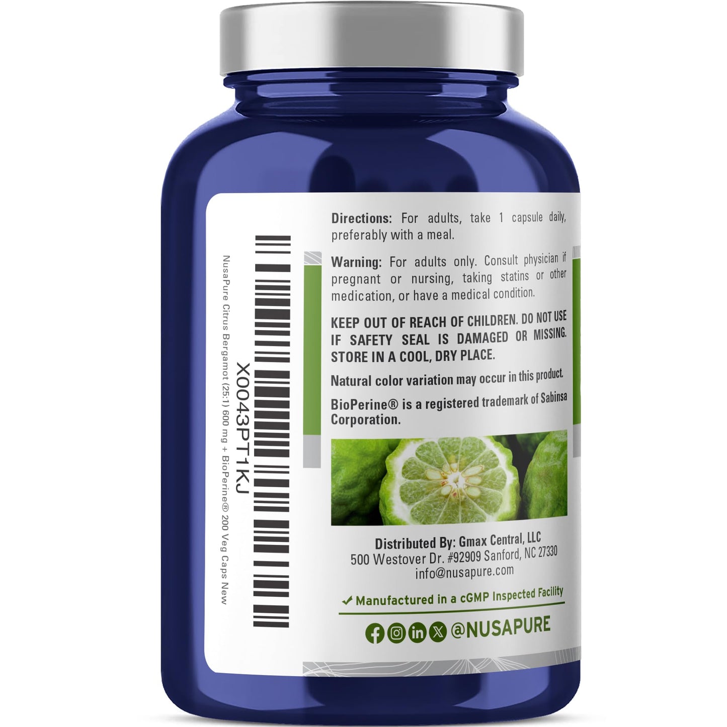 NusaPure Citrus Bergamot Capsules, 600 mg, 200 Veg Capsules