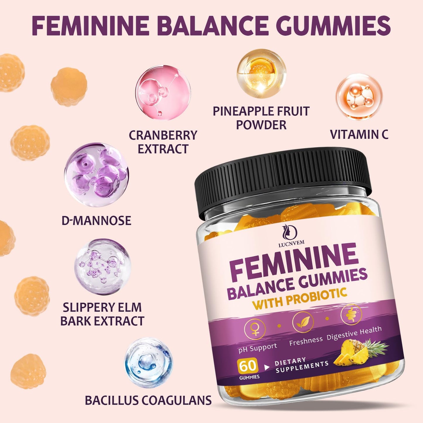 LUCNVEM Feminine Balance Probiotic Gummies, 60 Count