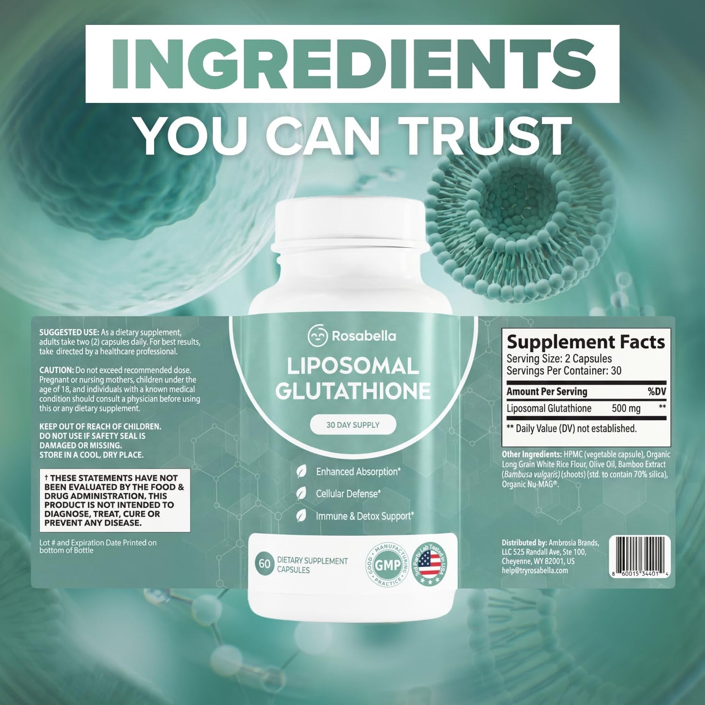 Rosabella Liposomal Glutathione 500mg – High Absorption Glutathione Supplement, Antioxidant Support, Cellular Health & Detox Support Capsules, 60 Count