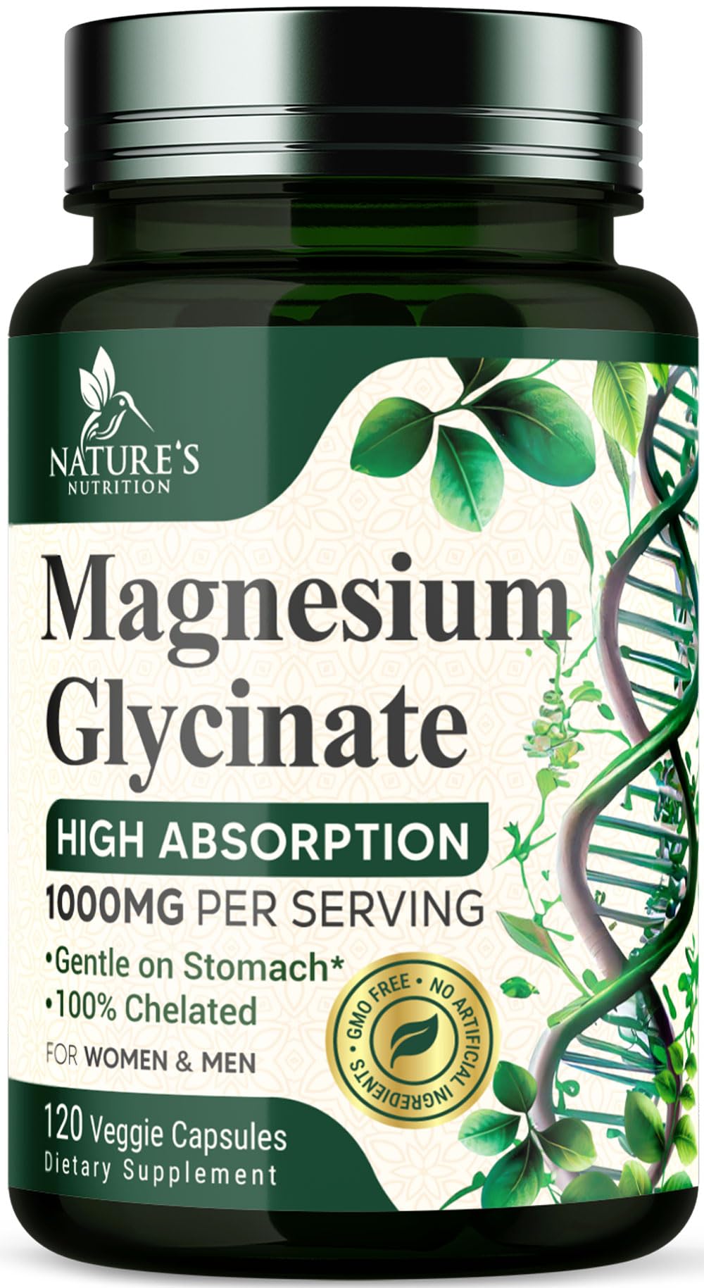 Nature's Nutrition Magnesium Glycinate 1000mg Per Serving - Chelated Magnesium for Bone, Muscle, Nerves & Heart Health Support - Ultra Absorption - Natures Sleep Support, Best Mag Supplement Pill, 120 Capsules