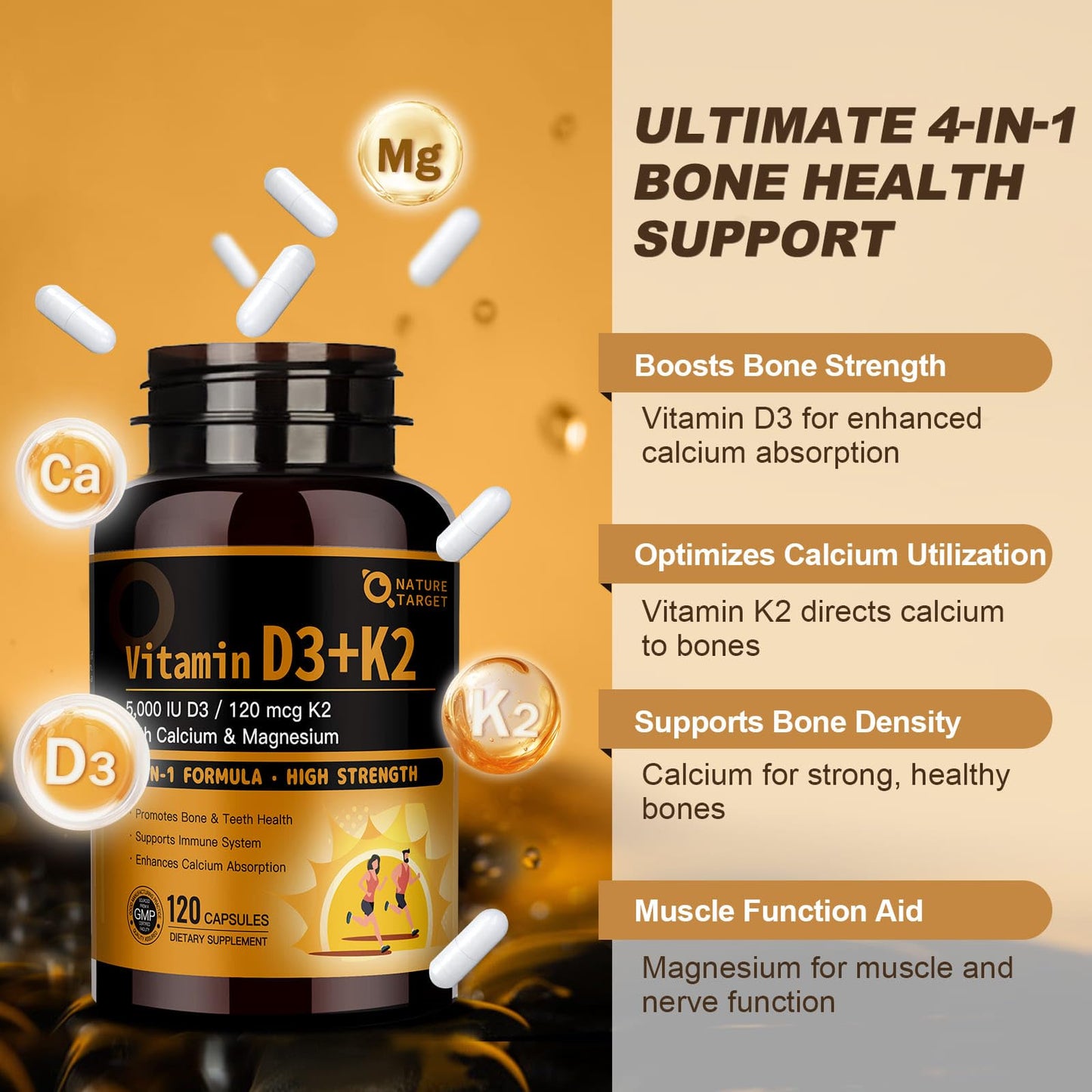 NATURE TARGET Vitamin D3 K2 with Calcium & Magnesium Capsules, 120 Count