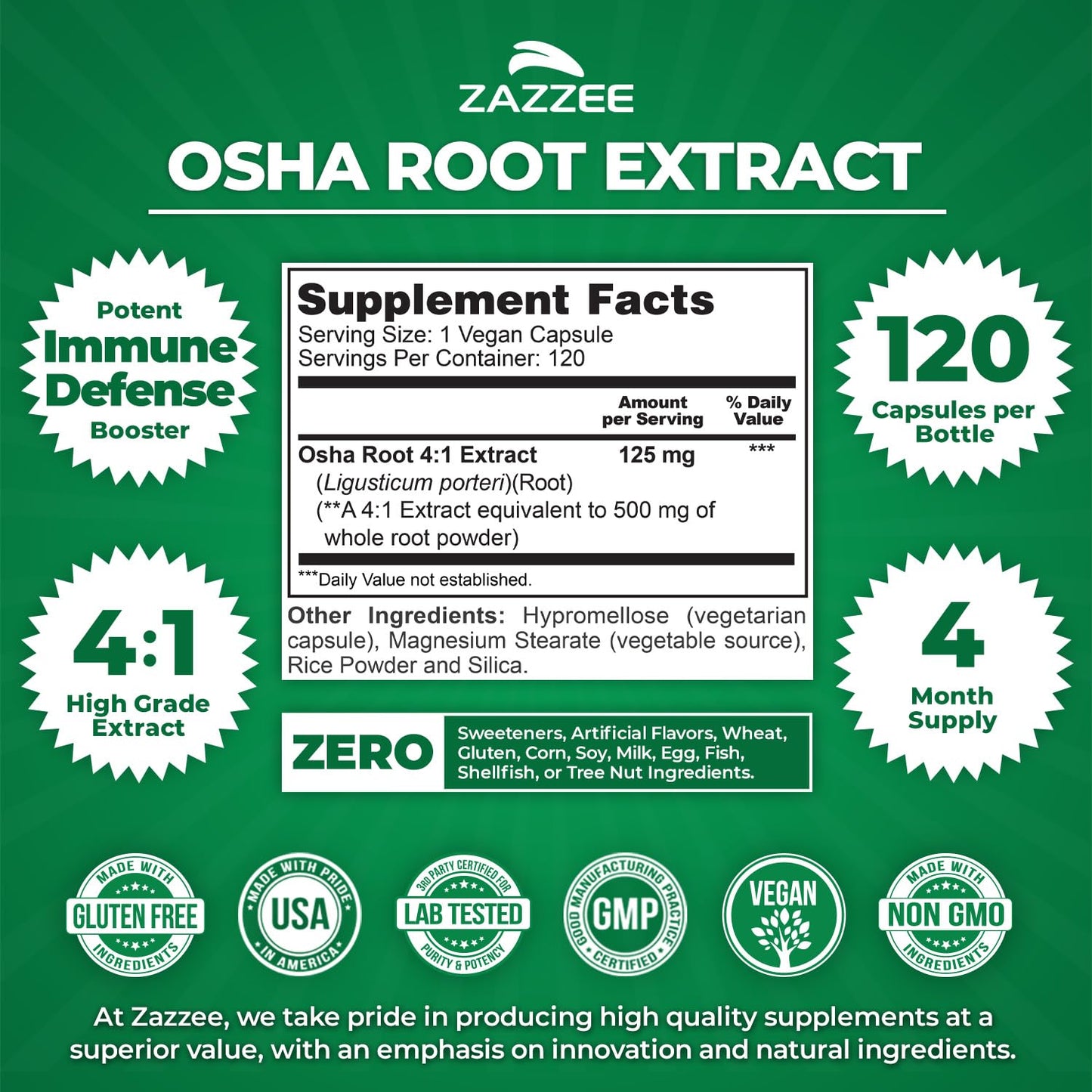 Zazzee Extra Strength OSHA Root 4:1 Extract Capsules, 120 Count