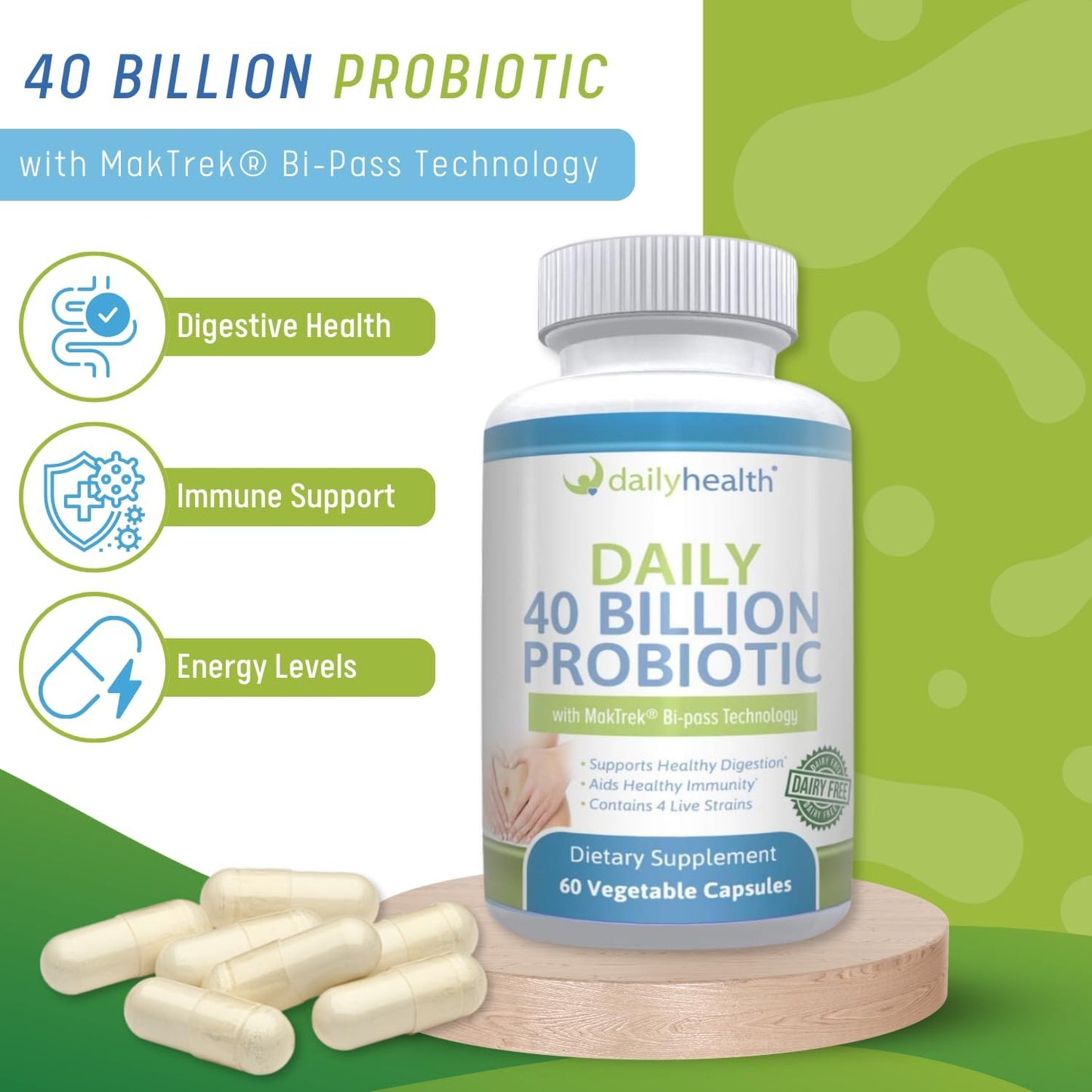 Daily Health Daily Probiotic 40 Billion CFU MakTrek Bi-Pass Technology Digestion Immune Health Veggie Capsules 360