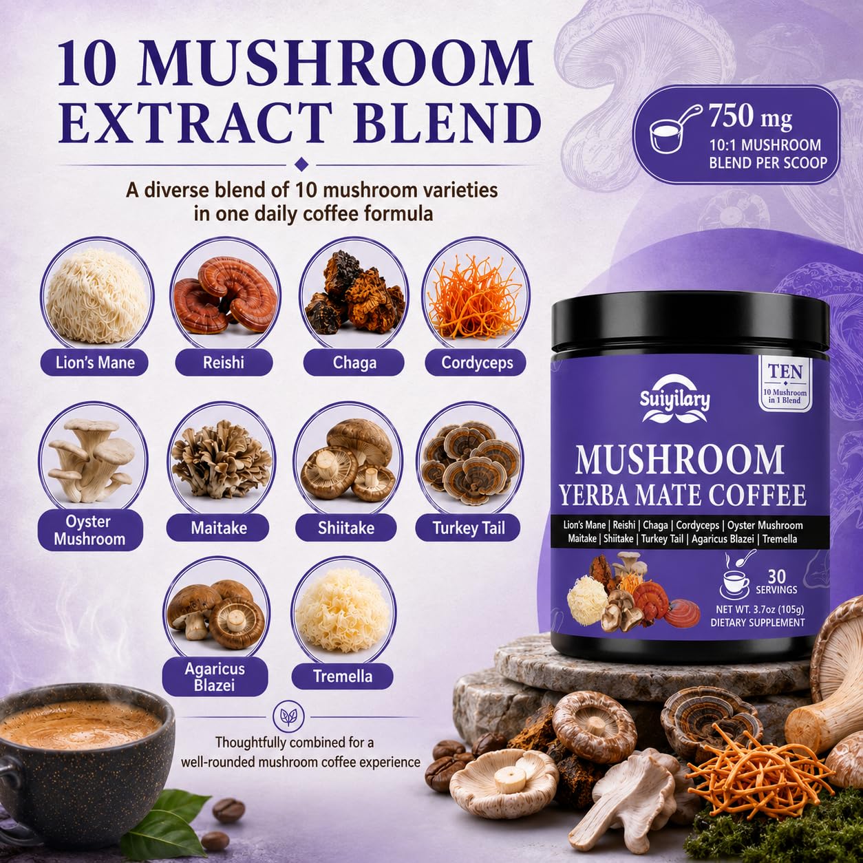 Suiyilary 10 Mushroom Coffee with Arabica, Lion's Mane, Yerba Mate Powder, 3.7 oz, 30 Servings