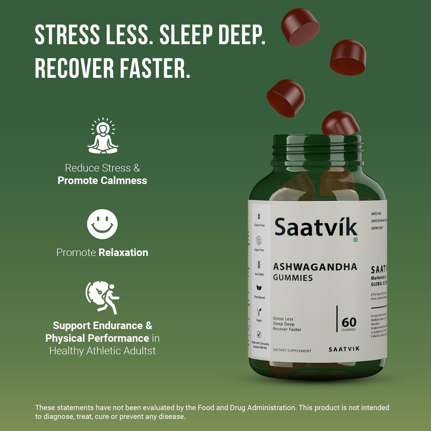 Saatvik Zero Sugar Ashwagandha & Vitamin D Gummies 60 Count