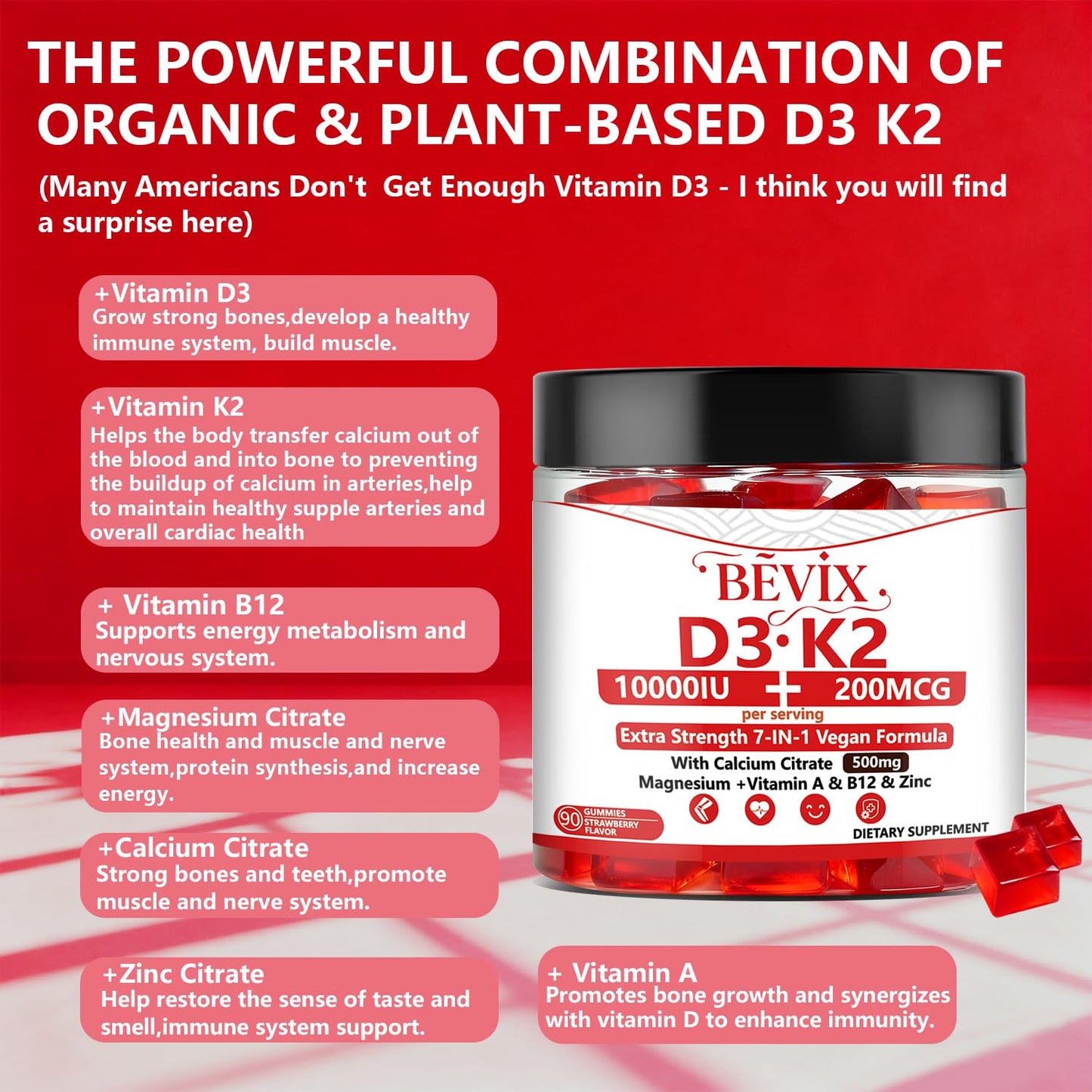BEVIX Vitamin D3 K2 Gummies 90 Count