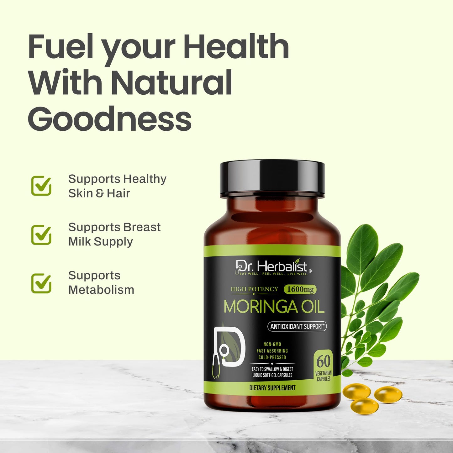 Dr. HERBALIST Moringa Oil Capsule 1600mg, Cold Pressed, Halal, 60 Count