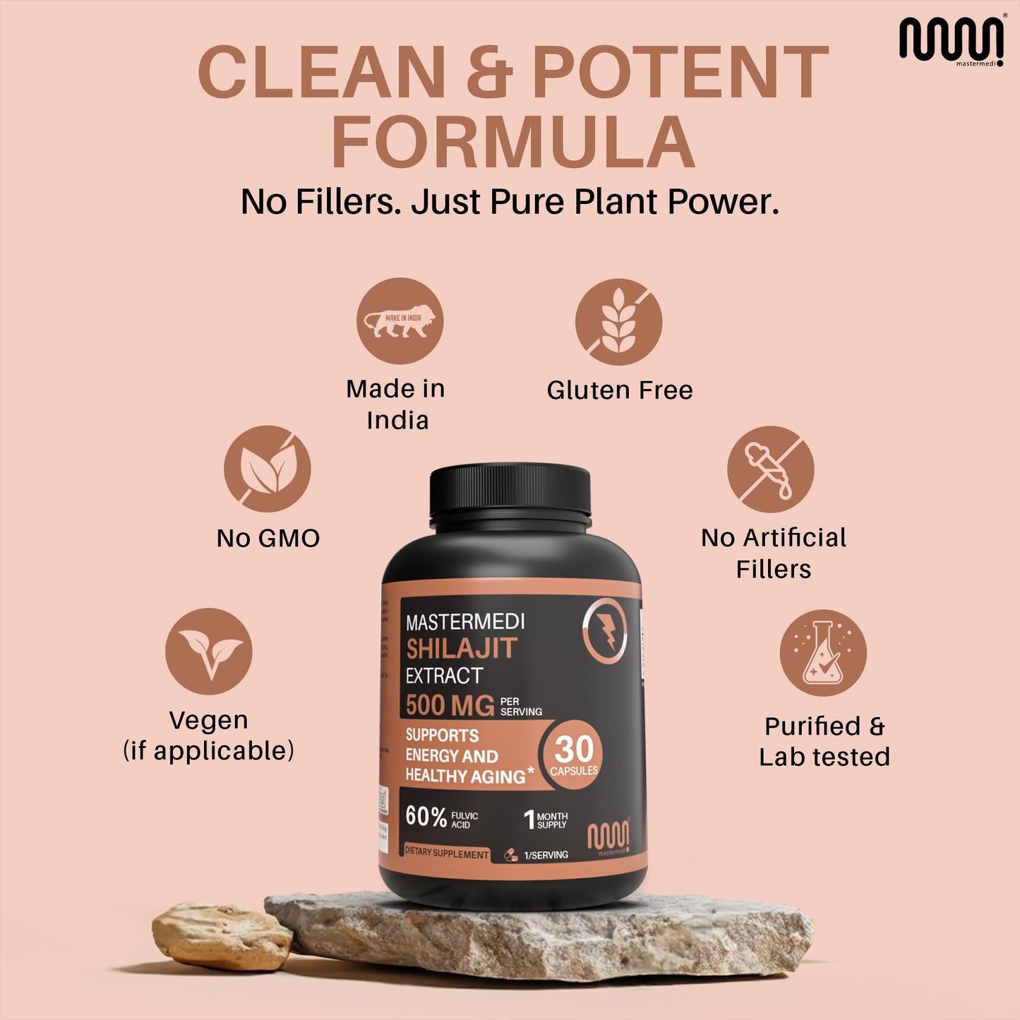 MasterMedi Shilajit 500mg Himalayan Extract Standardized to Fulvic Acid Energy, Stamina & Vitality Support, 30 Capsules