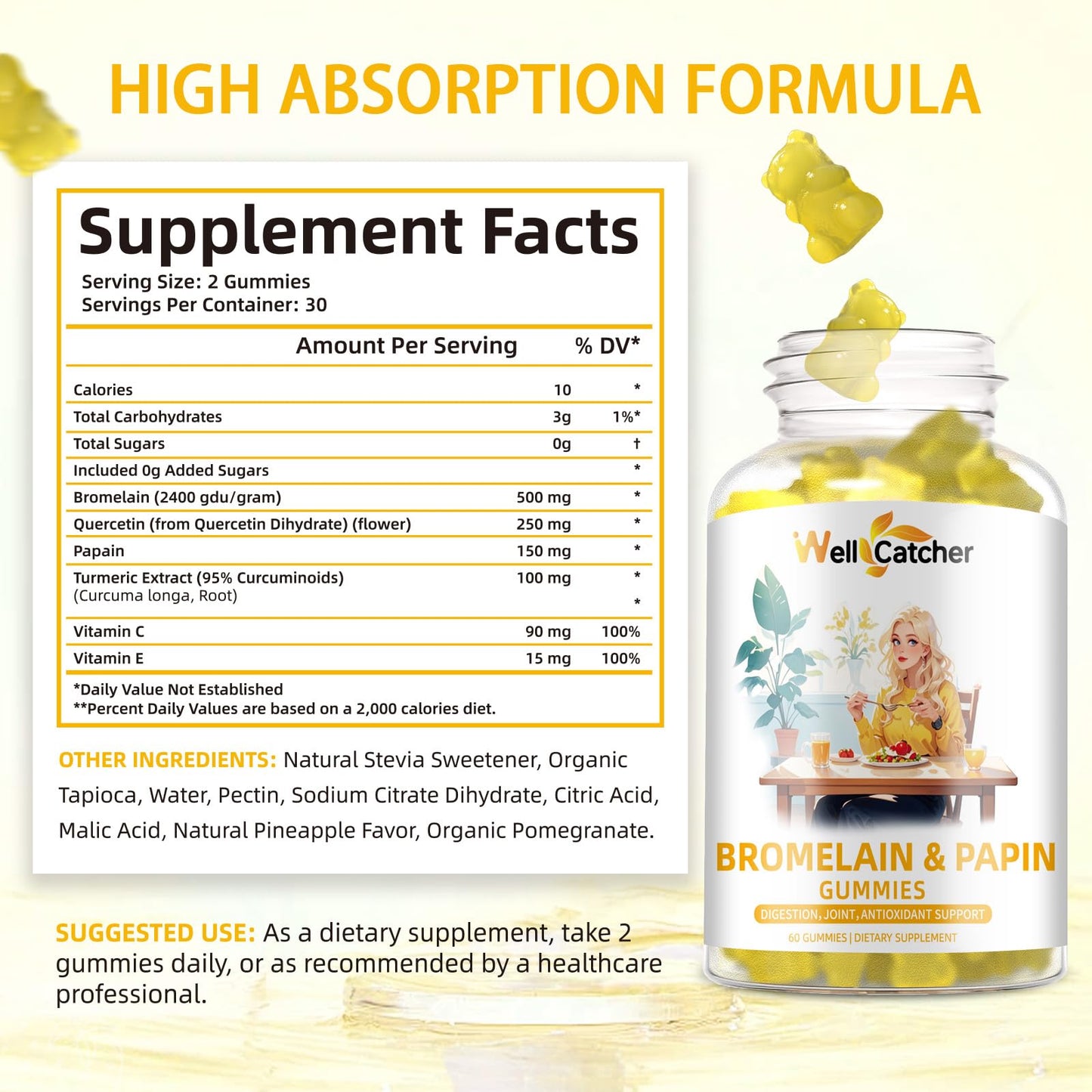 Wellcatcher Gut Health Gummies, Bromelain Papain Enzyme & Butyrate Gummies, 120 Count