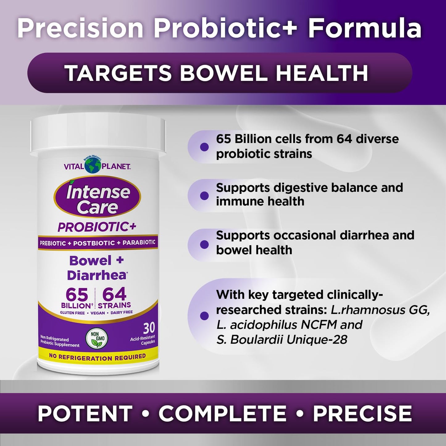 Vital Planet Intense Care Bowel and Diarrhea Probiotic Supplement with Organic Prebiotics, Postbiotics, and Parabiotics, Lactobacillus Rhamnosus and Saccharomyces, 65 Billion CFU, 64 Strains, Capsules, 30 Count