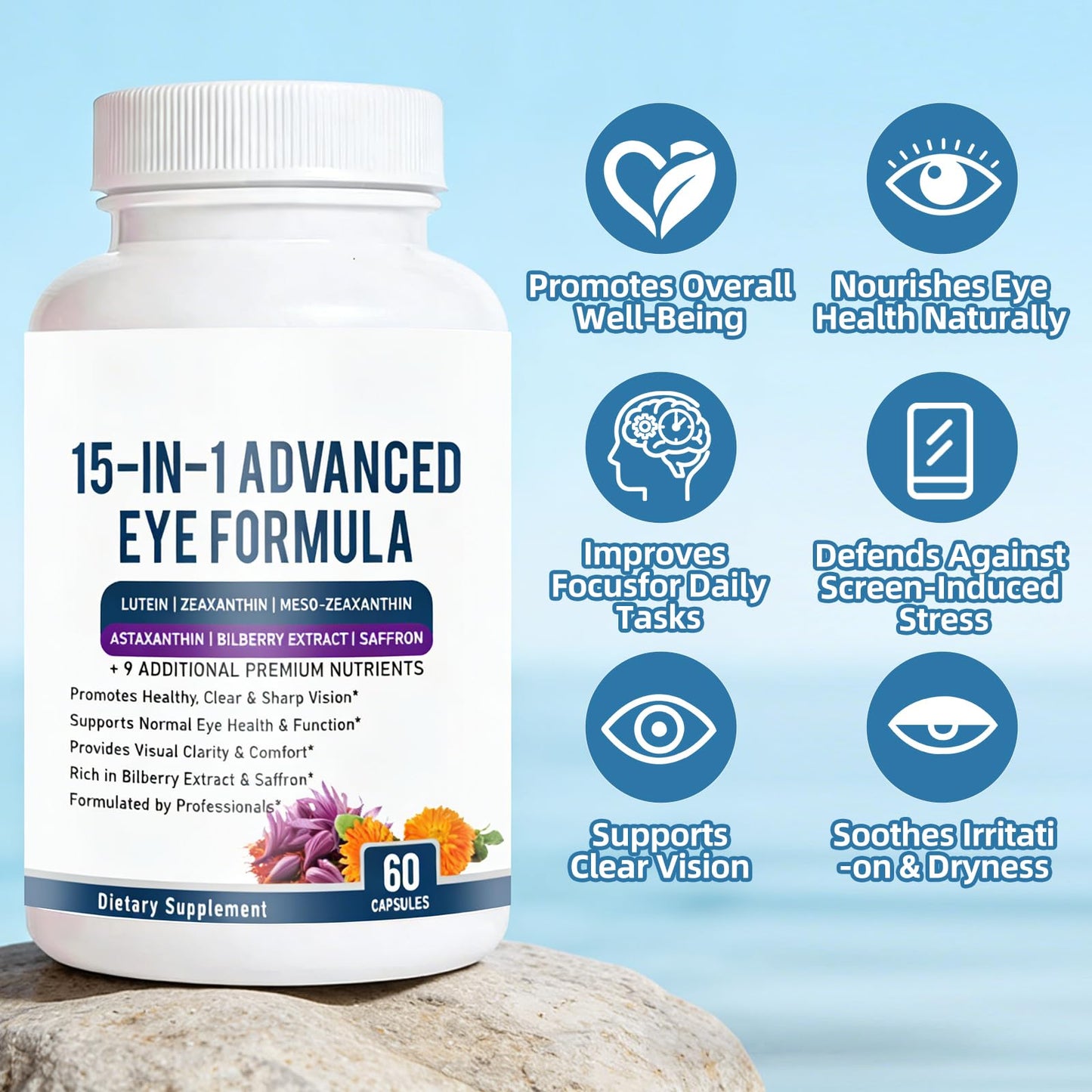 URMAX 15 in 1 Advanced Eye Formula Eye Vitamin and Mineral Supplement with Lutein, Zeaxanthin, Zinc & Bilberry Extract, Vision & Focus Support, 60 Capsules