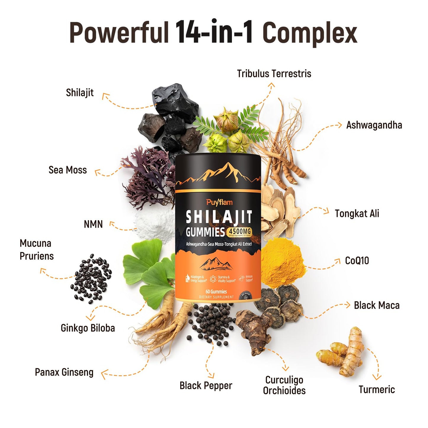 Puyflam Shilajit Gummies 4500mg – 14-in-1 Himalayan Shilajit for Men with Ashwagandha, Tongkat Ali, Black Maca, CoQ10, NMN & Turmeric, Natural Energy, Stamina & Vitality Immune Support, 60 Gummies