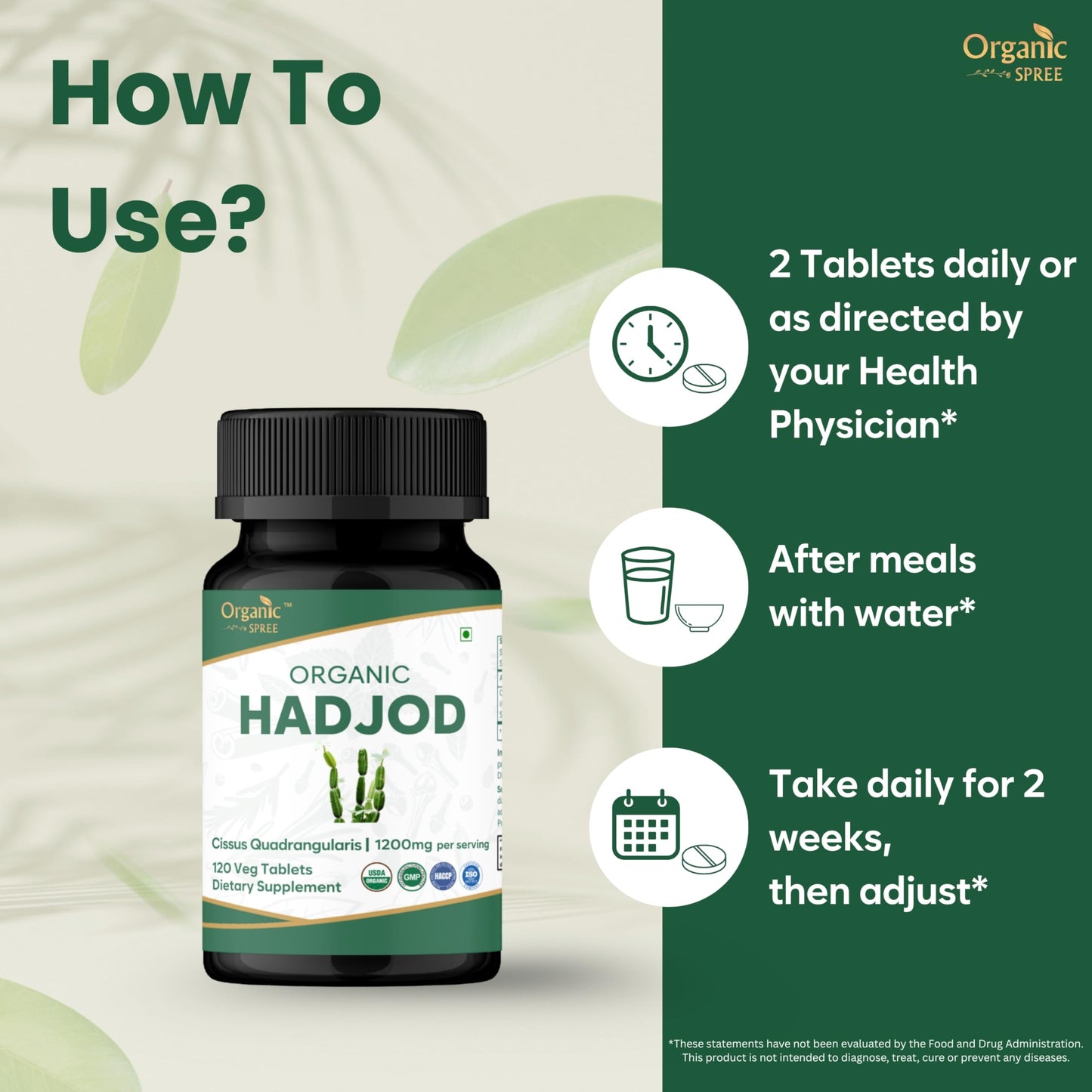 ORGANIC SPREE Hadjod 120 Tablets - Cissus quadrangularis, 2 Count