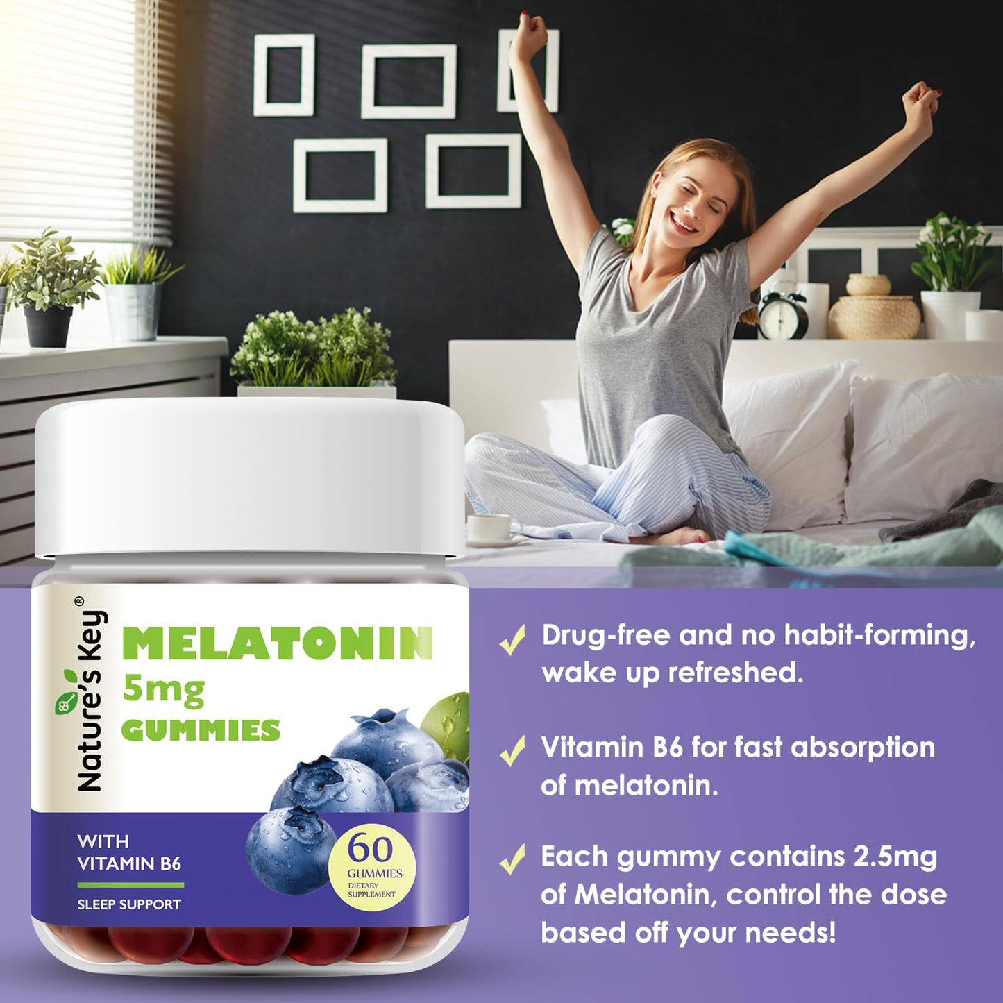 Nature's Key Melatonin Gummies 5mg with Vitamin B6 Sleep Support, Blueberry, 60 Count