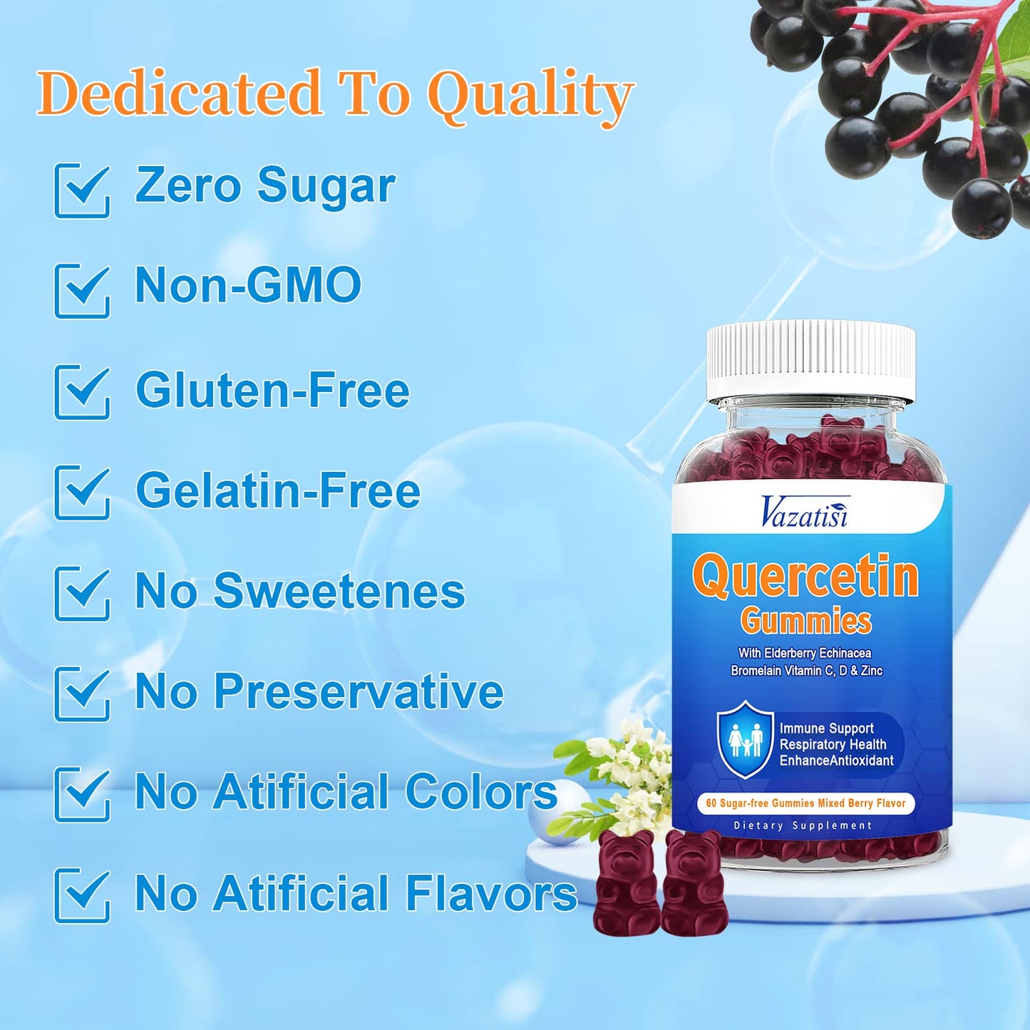 Vazatisi Quercetin with Bromelain Gummies, Vitamin C, Zinc & Elderberry for Immune Support, Mixed Berry, 120 Gummies