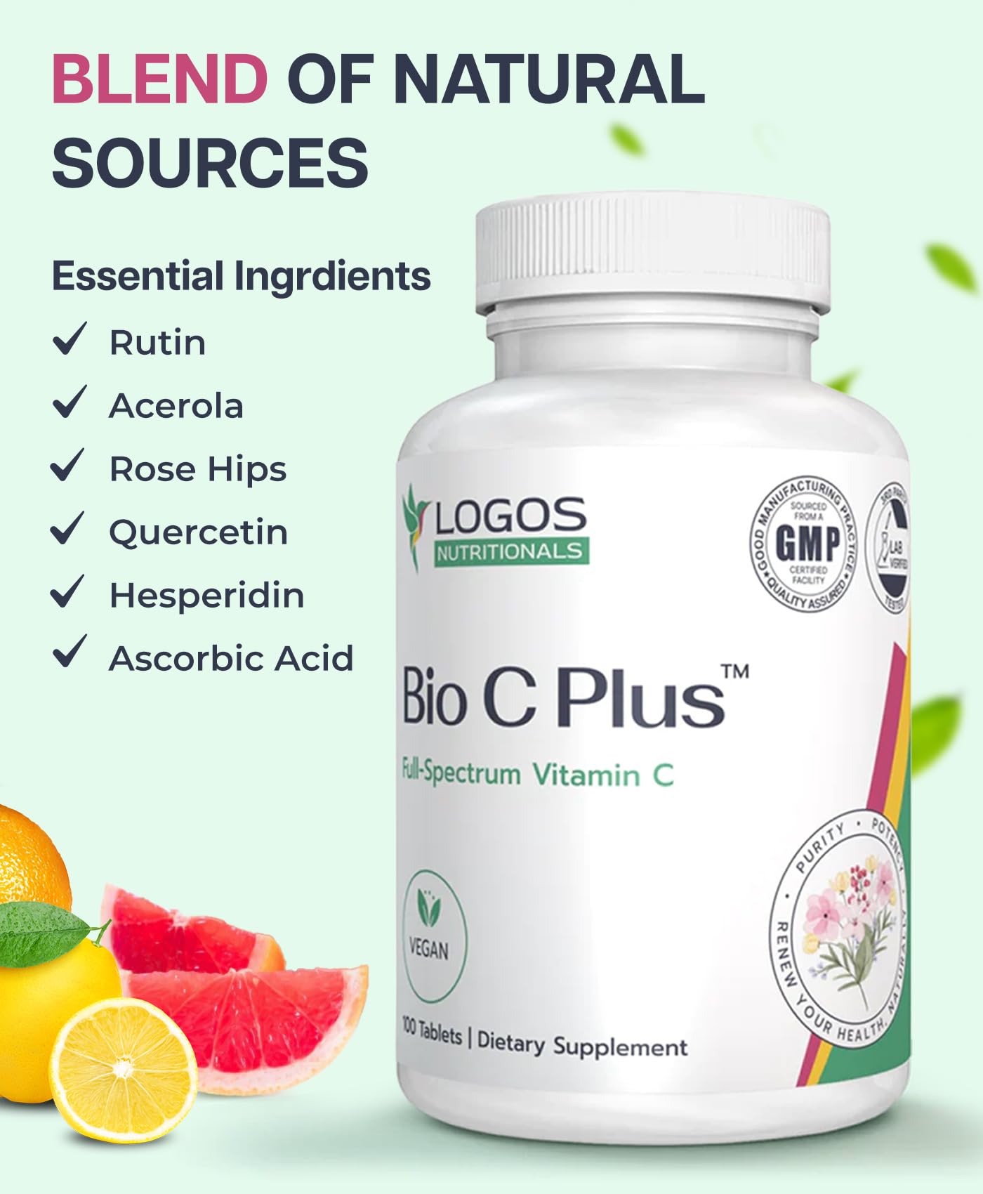 Logos Nutritionals Bio C Plus Vitamin C 1000 mg - High Potency Vitamin C Supplements with Ascorbic Acid & Rose HIPS, Supports Healthy Immune System & Antioxidant Protection, Vegan, 100 Tablets