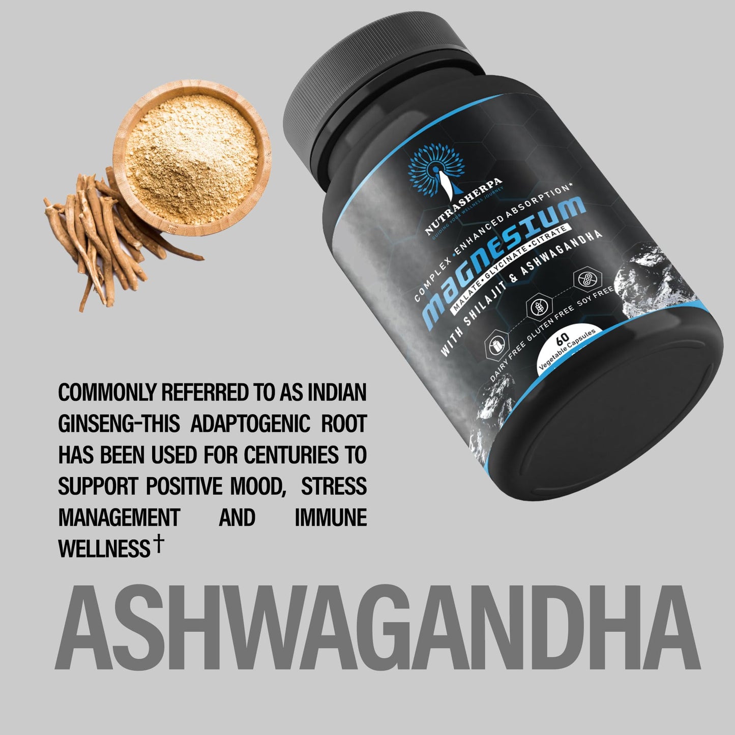 Nutrasherpa Magnesium Complex with Shilajit and Ashwagandha, 300mg Triple Magnesium Blend, Non-Buffered Formula for Absorption Capsule, 60 Count