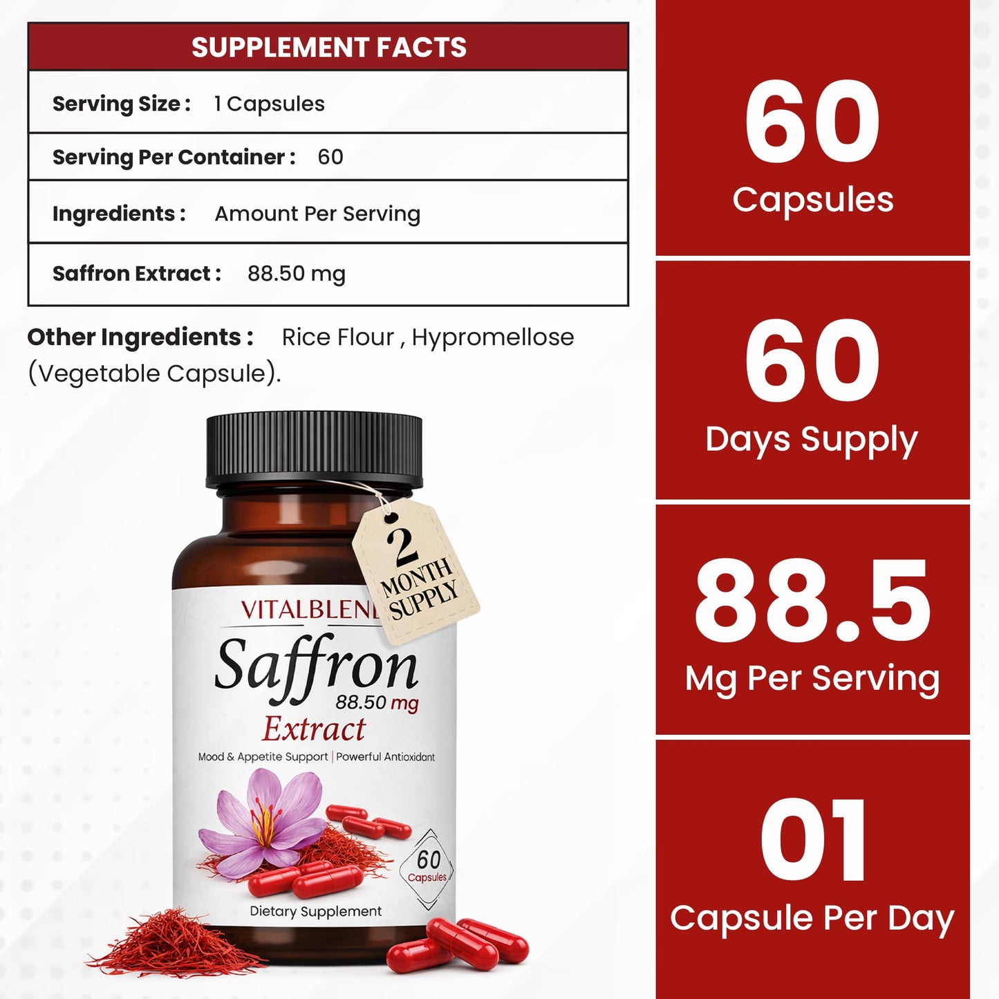 Vitalblend Saffron Extract 88.5mg Capsules, 60 Capsules