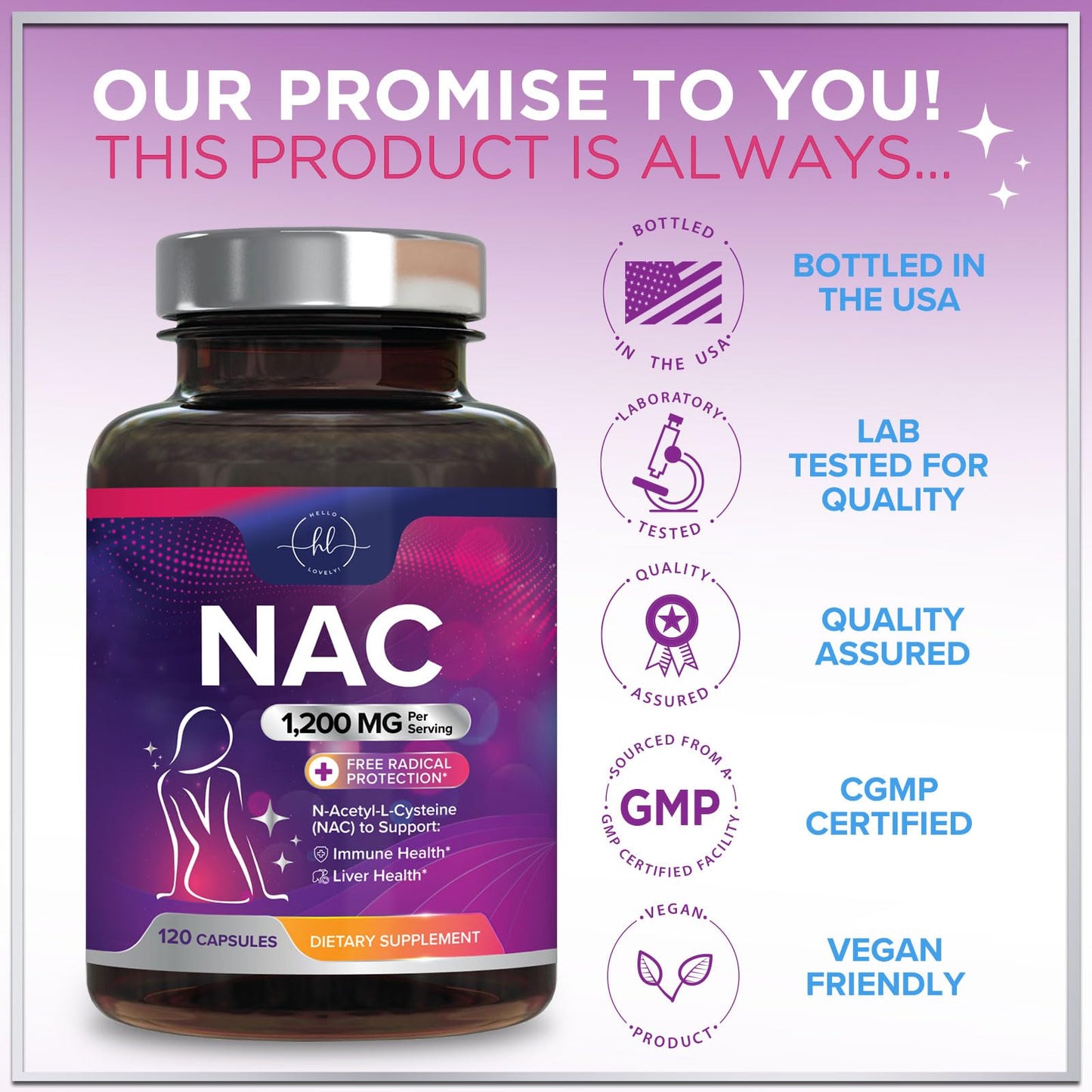 Hello Lovely! NAC Supplement 1200mg per Serving N-Acetyl-L-Cysteine Capsules, 120 Count