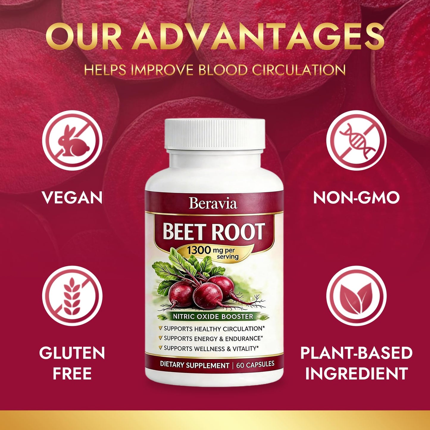 Beravia Organic Beetroot Capsules 1300mg, 60 Capsules